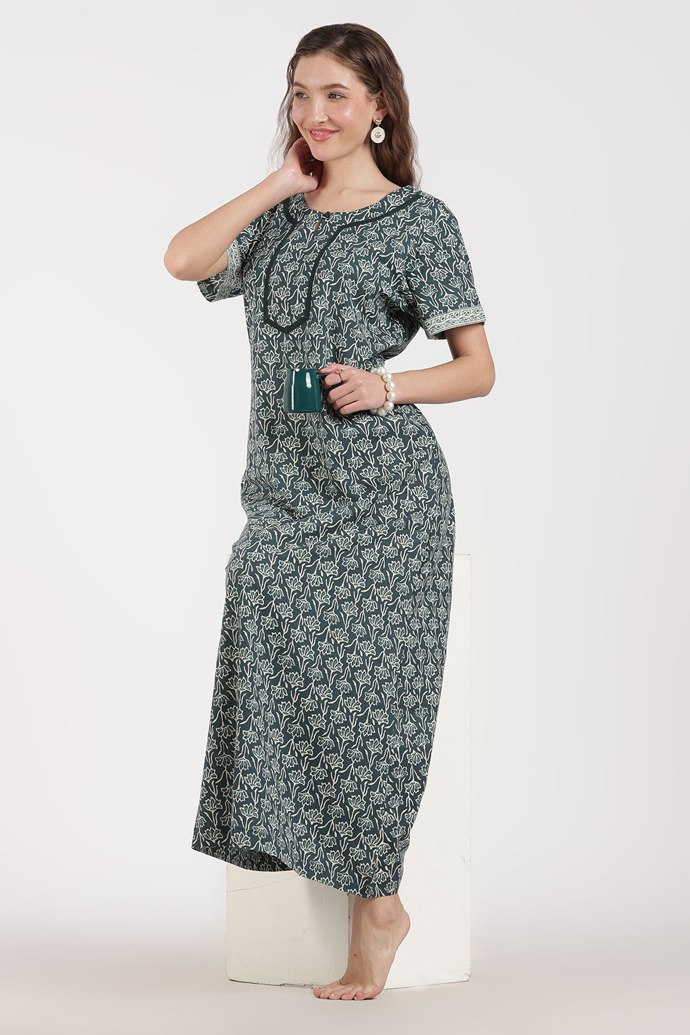 Naidu Hall Women’s Full-Length A-Line Floral Print Cotton Nighty – Round Neck, Keyhole with Button, Contrast Piping & Side Pocket
- NB07