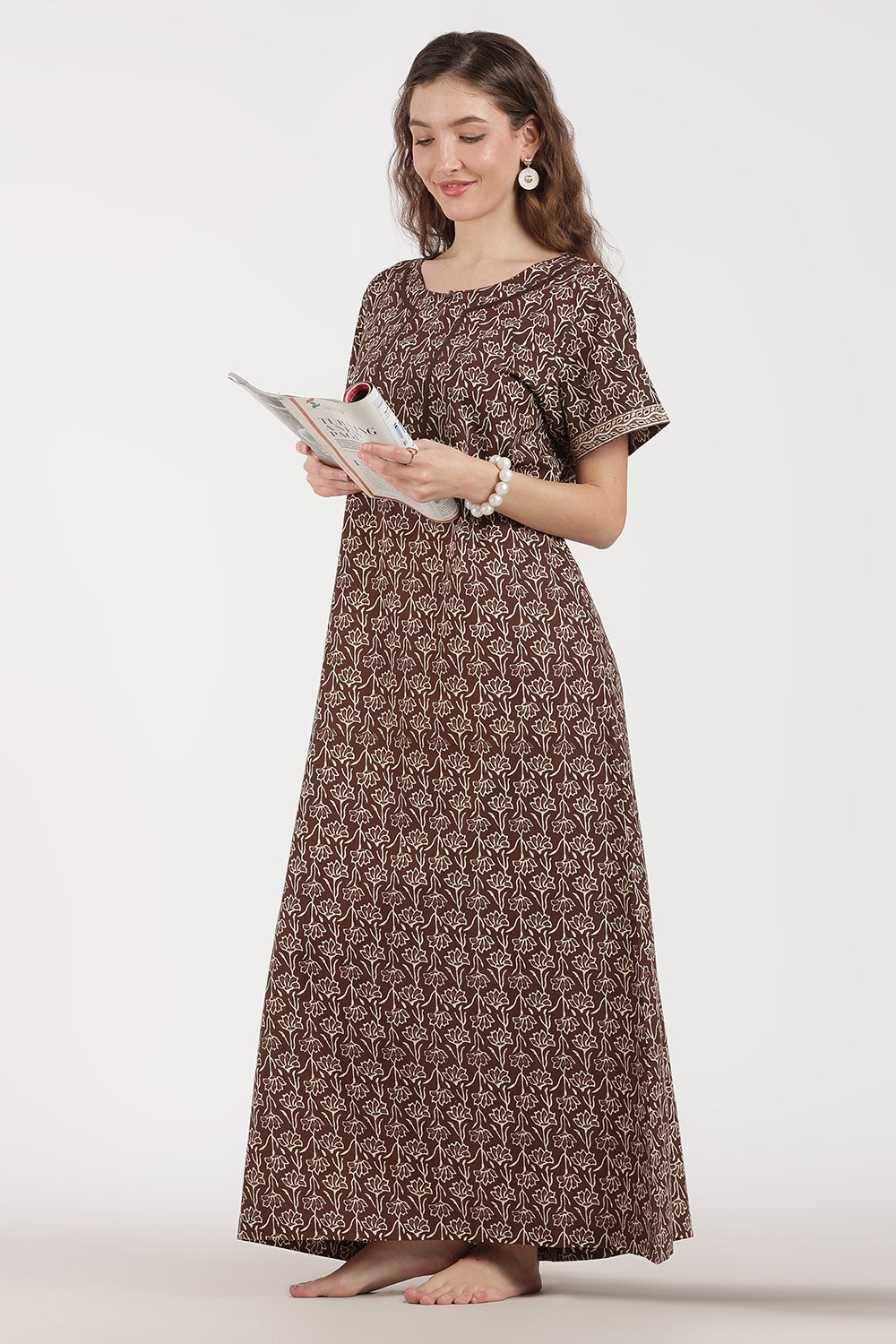 Naidu Hall Women’s Full-Length A-Line Floral Print Cotton Nighty – Round Neck, Keyhole with Button, Contrast Piping & Side Pocket
- NB07