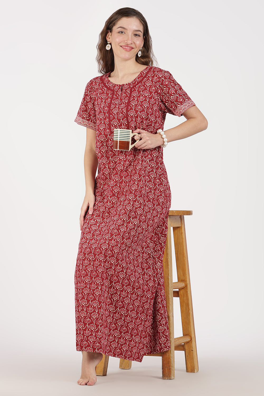 Naidu Hall Women’s Full-Length A-Line Floral Print Cotton Nighty – Round Neck, Keyhole with Button, Contrast Piping & Side Pocket
- NB07