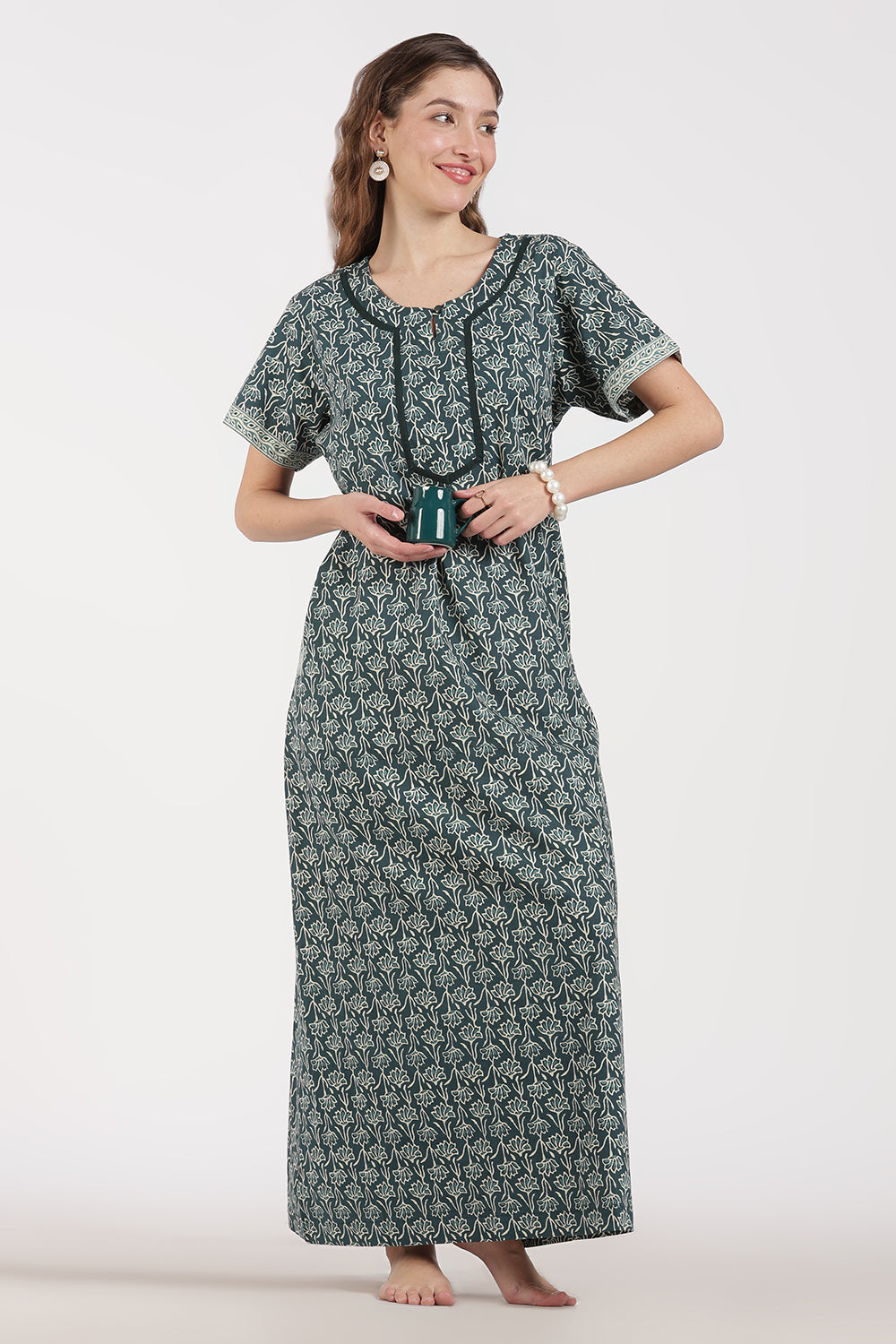 Naidu Hall Women’s Full-Length A-Line Floral Print Cotton Nighty – Round Neck, Keyhole with Button, Contrast Piping & Side Pocket
- NB07