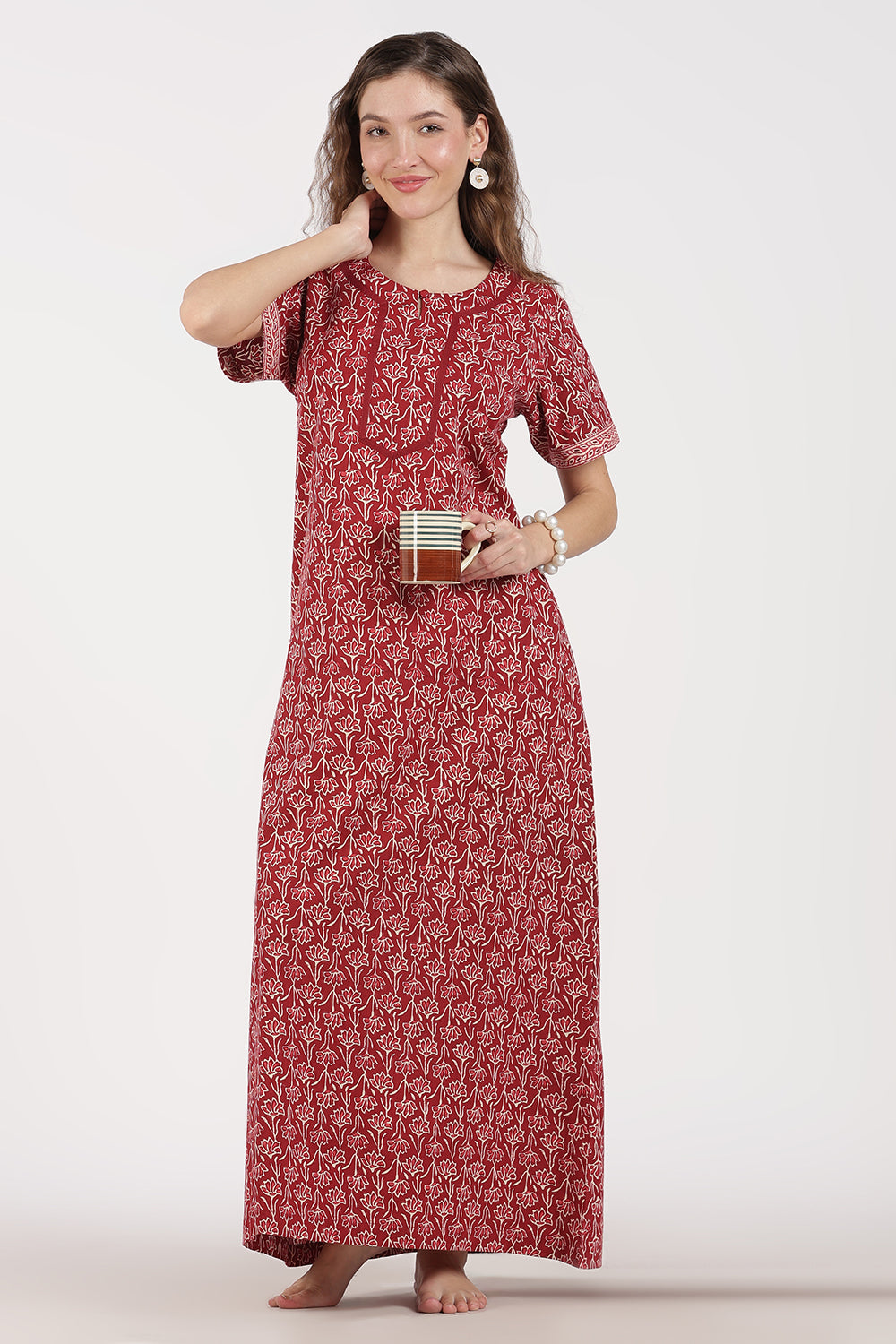 Naidu Hall Women’s Full-Length A-Line Floral Print Cotton Nighty – Round Neck, Keyhole with Button, Contrast Piping & Side Pocket
- NB07