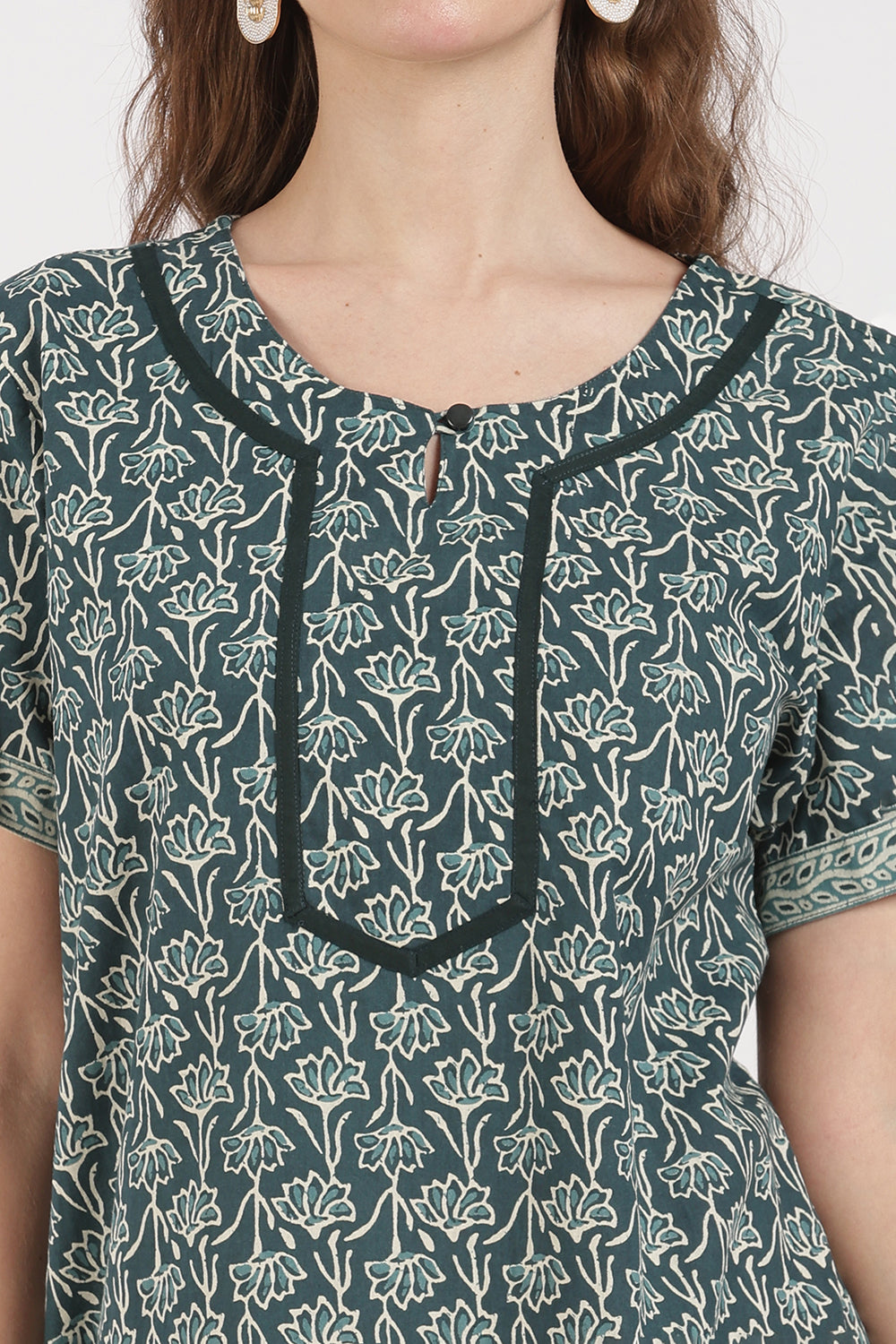 Naidu Hall Women’s Full-Length A-Line Floral Print Cotton Nighty – Round Neck, Keyhole with Button, Contrast Piping & Side Pocket
- NB07