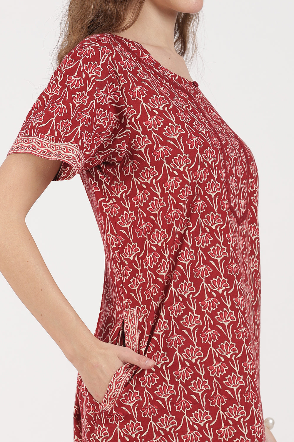 Naidu Hall Women’s Full-Length A-Line Floral Print Cotton Nighty – Round Neck, Keyhole with Button, Contrast Piping & Side Pocket
- NB07