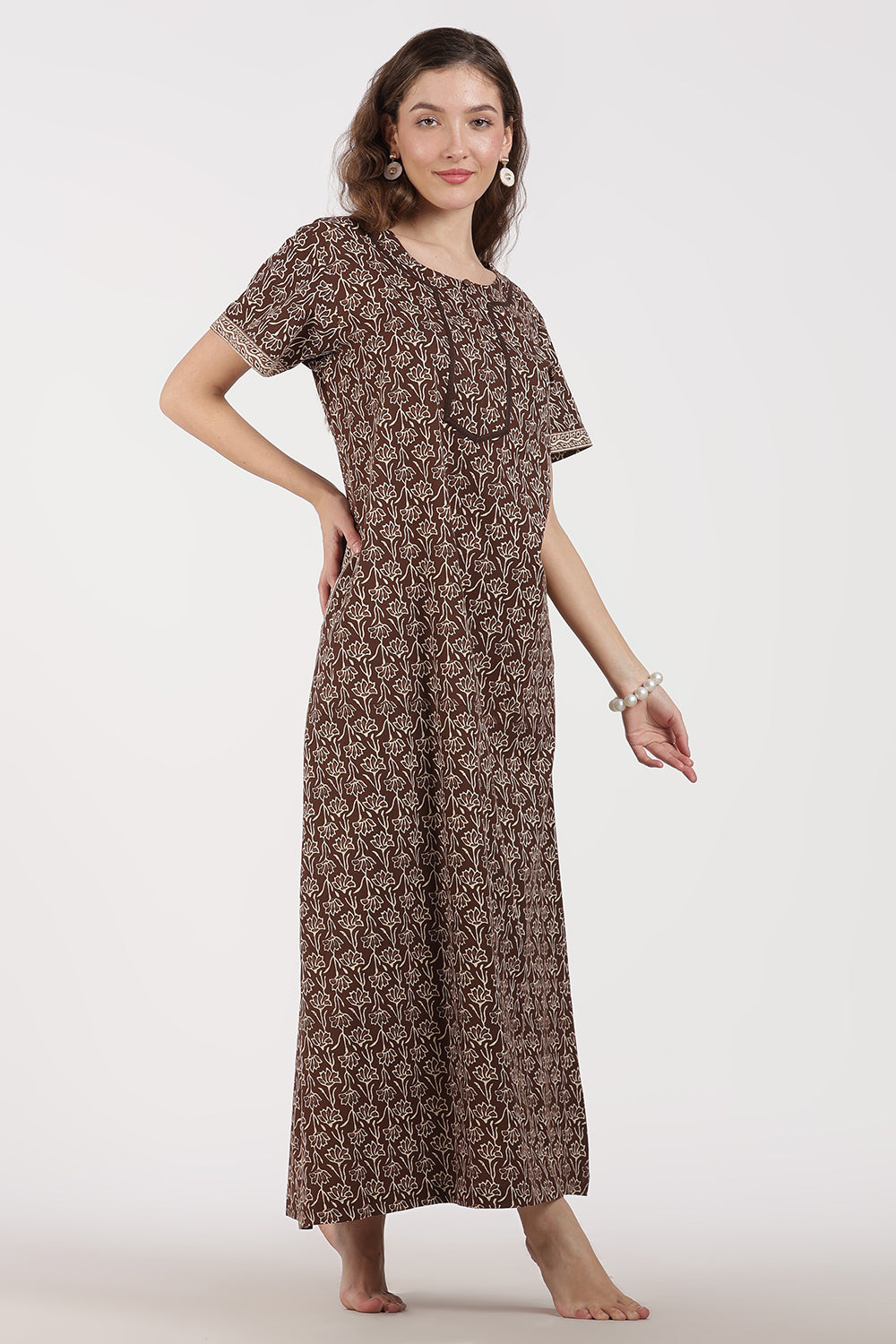 Naidu Hall Women’s Full-Length A-Line Floral Print Cotton Nighty – Round Neck, Keyhole with Button, Contrast Piping & Side Pocket
- NB07