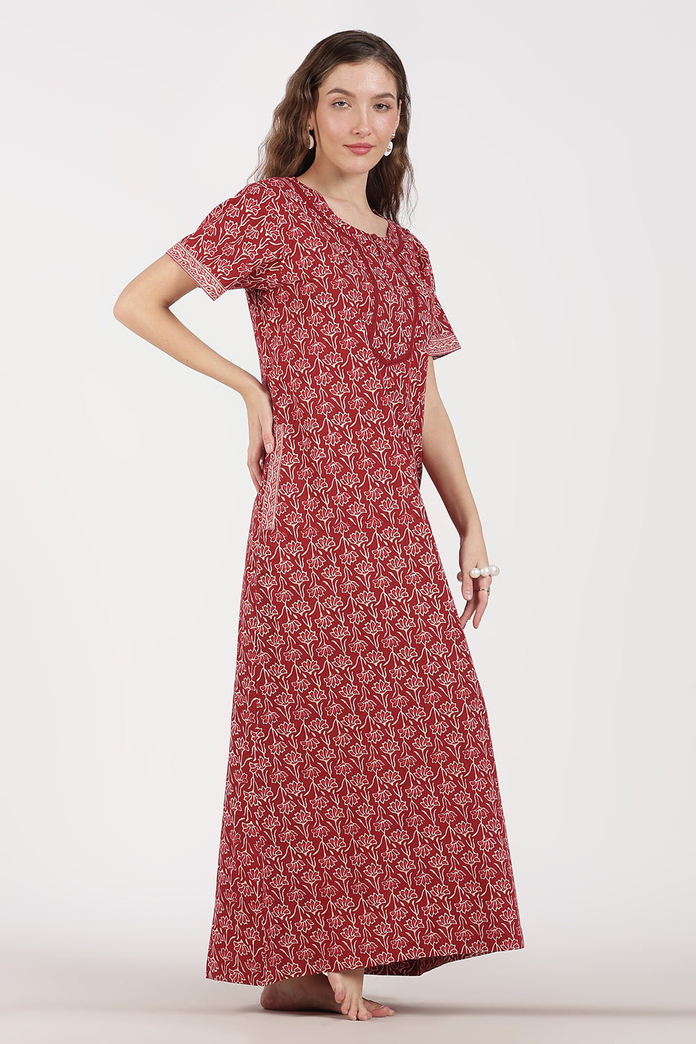 Naidu Hall Women’s Full-Length A-Line Floral Print Cotton Nighty – Round Neck, Keyhole with Button, Contrast Piping & Side Pocket
- NB07