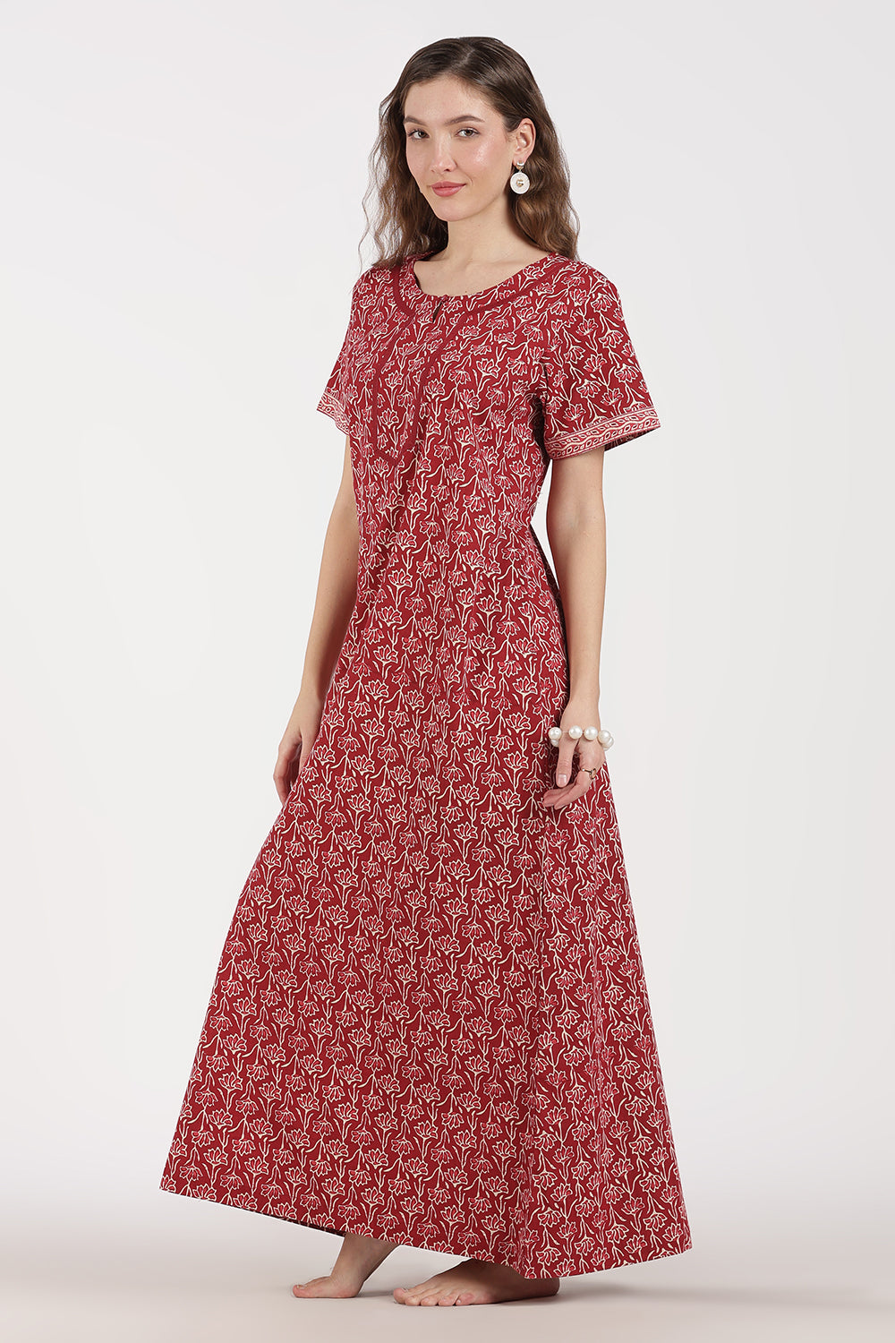 Naidu Hall Women’s Full-Length A-Line Floral Print Cotton Nighty – Round Neck, Keyhole with Button, Contrast Piping & Side Pocket
- NB07