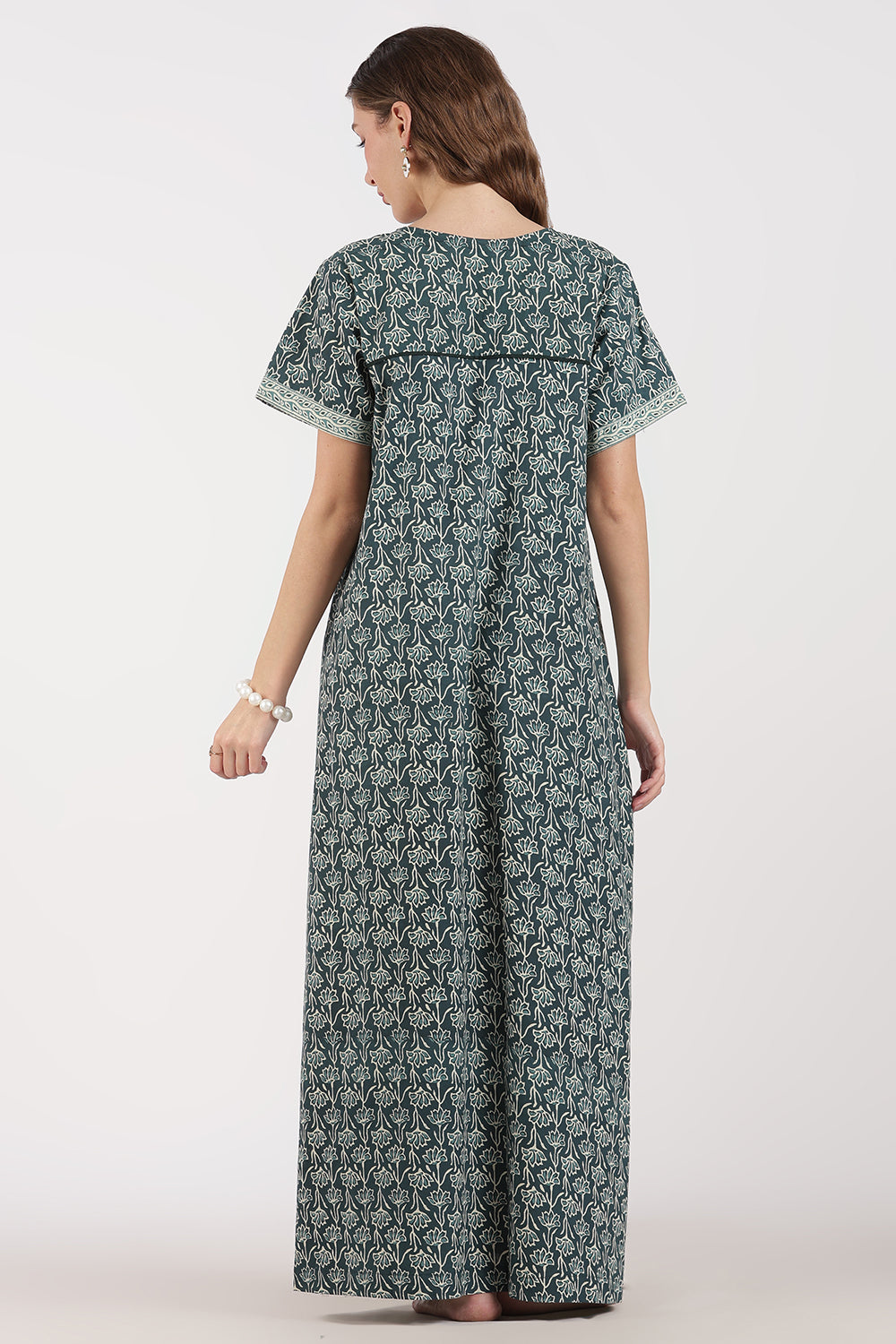 Naidu Hall Women’s Full-Length A-Line Floral Print Cotton Nighty – Round Neck, Keyhole with Button, Contrast Piping & Side Pocket
- NB07