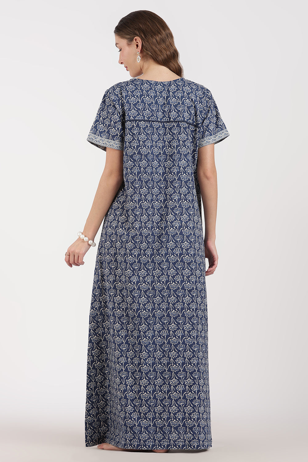 Naidu Hall Women’s Full-Length A-Line Floral Print Cotton Nighty – Round Neck, Keyhole with Button, Contrast Piping & Side Pocket
- NB07