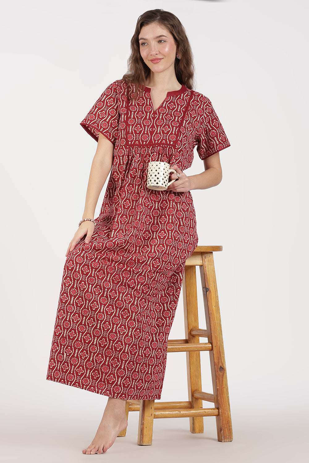 Naidu Hall Women’s Full-Length A-Line Cotton Blend Nighty | Mandarin Collar, Short Sleeves, Printed Nightwear
- NB08