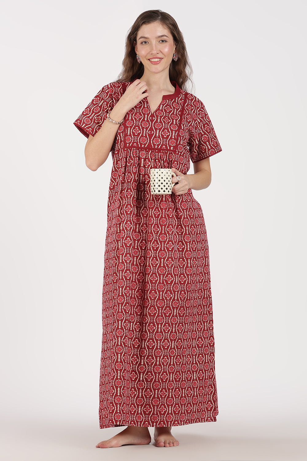 Naidu Hall Women’s Full-Length A-Line Cotton Blend Nighty | Mandarin Collar, Short Sleeves, Printed Nightwear
- NB08