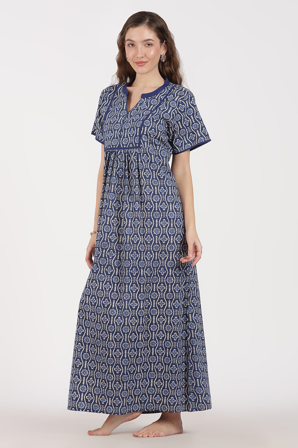 Naidu Hall Women’s Full-Length A-Line Nighty – Cotton, Split Mandarin Collar, Contrast Piping, Short Sleeves & Floral Zig-Zag Print
- NB08