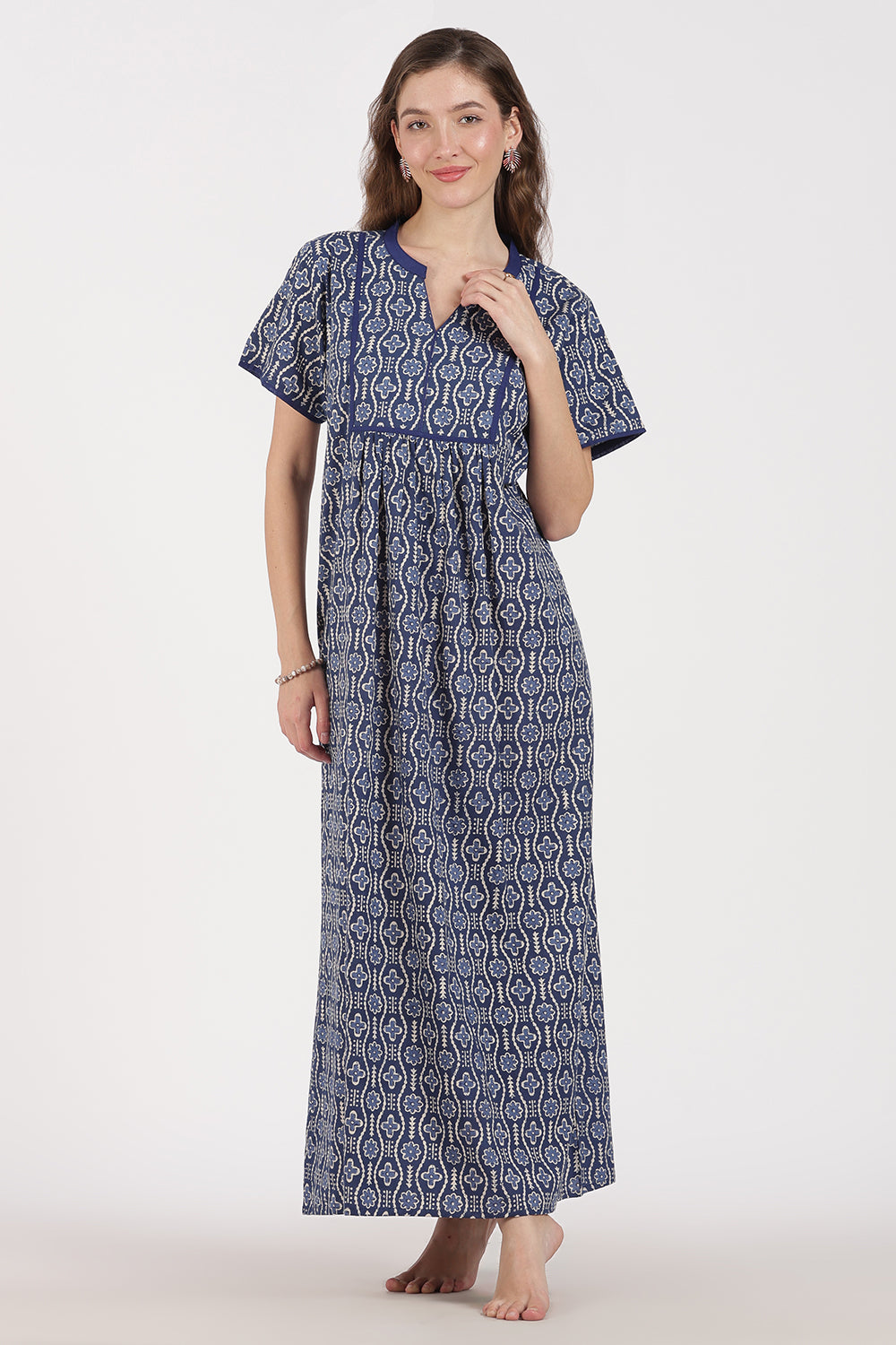 Naidu Hall Women’s Full-Length A-Line Nighty – Cotton, Split Mandarin Collar, Contrast Piping, Short Sleeves & Floral Zig-Zag Print
- NB08