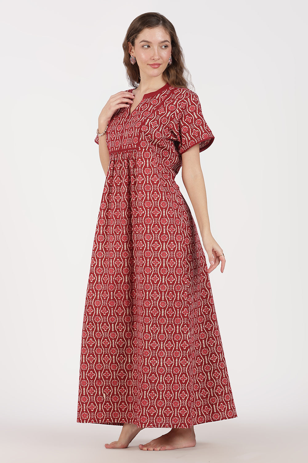 Naidu Hall Women’s Full-Length A-Line Cotton Blend Nighty | Mandarin Collar, Short Sleeves, Printed Nightwear
- NB08