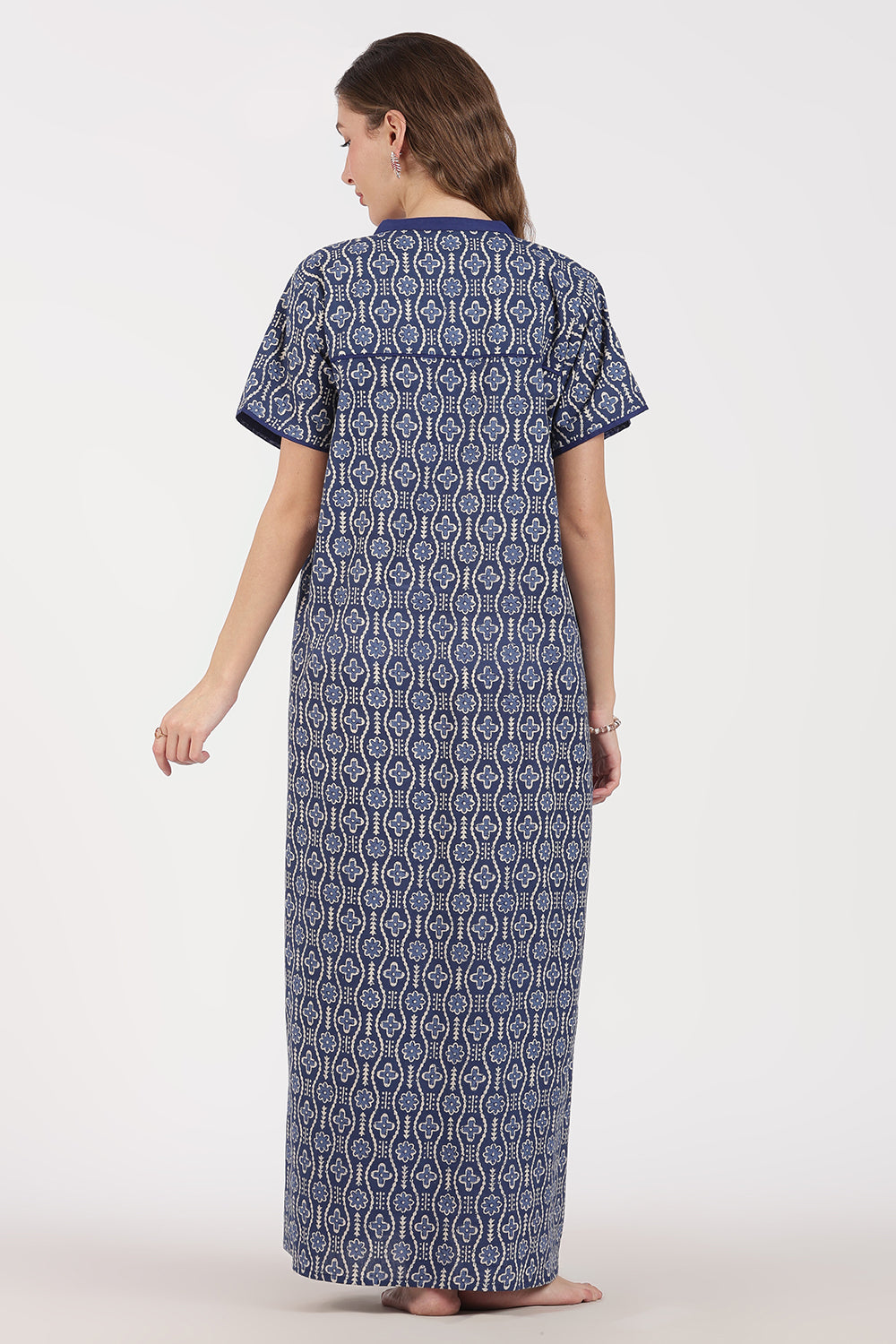 Naidu Hall Women’s Full-Length A-Line Nighty – Cotton, Split Mandarin Collar, Contrast Piping, Short Sleeves & Floral Zig-Zag Print
- NB08