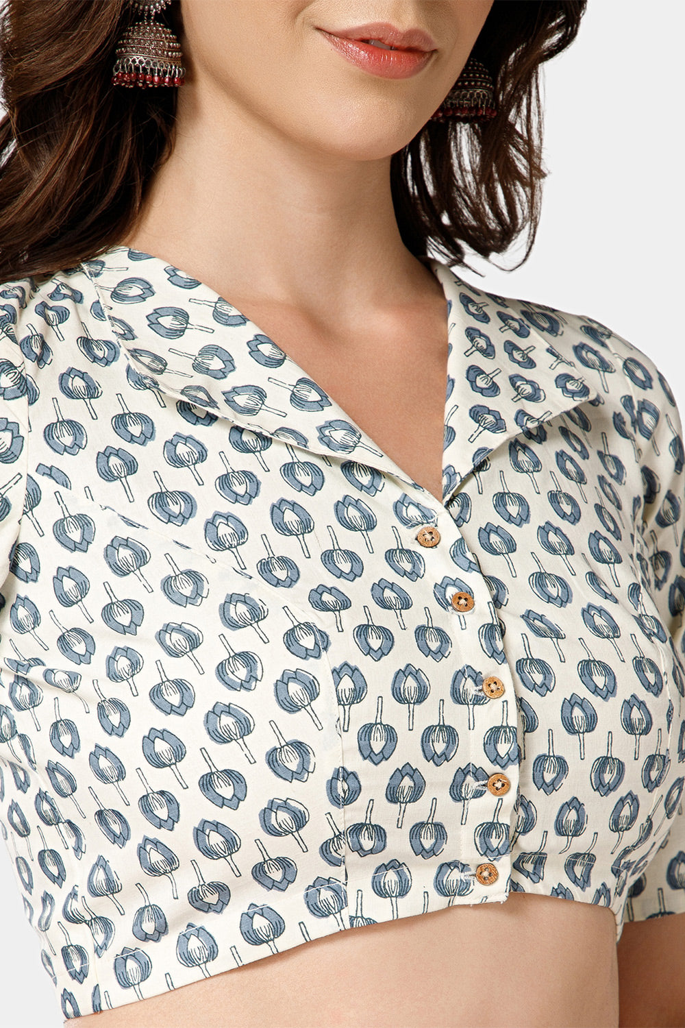 Naidu Hall Women’s Jaipur Printed Cotton Blouse | Lapel Collar, Front Button Closure, Elbow Sleeves - BU21