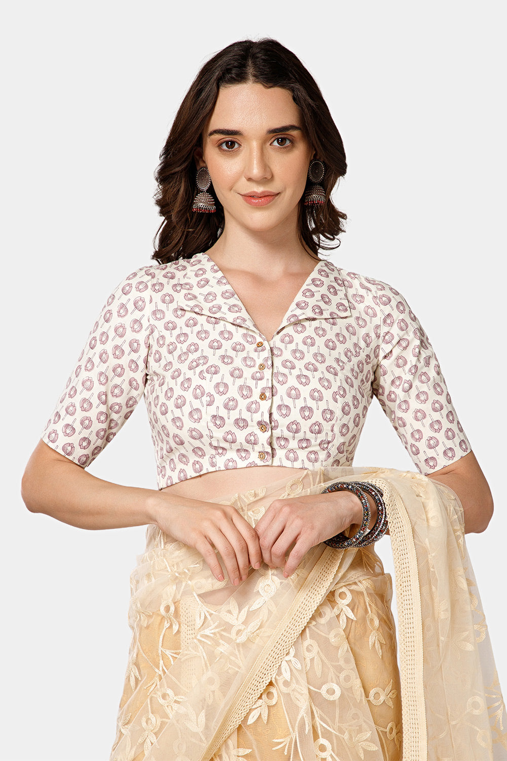 Naidu Hall Women’s Jaipur Printed Cotton Blouse | Lapel Collar, Front Button Closure, Elbow Sleeves - BU21