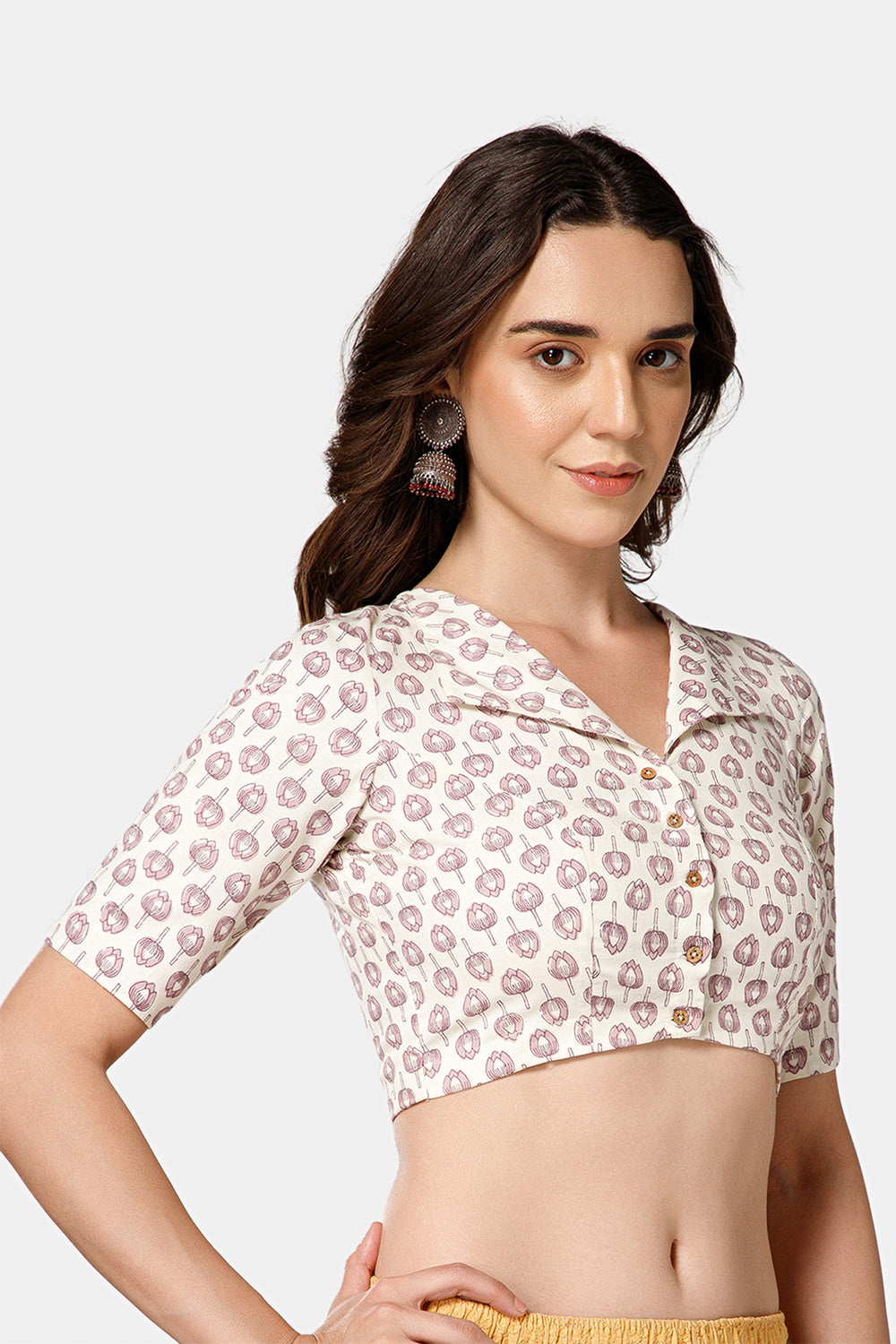 Naidu Hall Women’s Jaipur Printed Cotton Blouse | Lapel Collar, Front Button Closure, Elbow Sleeves - BU21