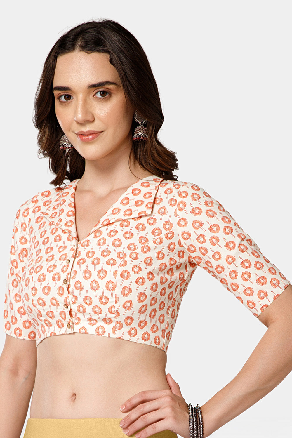 Naidu Hall Women’s Jaipur Printed Cotton Blouse | Lapel Collar, Front Button Closure, Elbow Sleeves - BU21