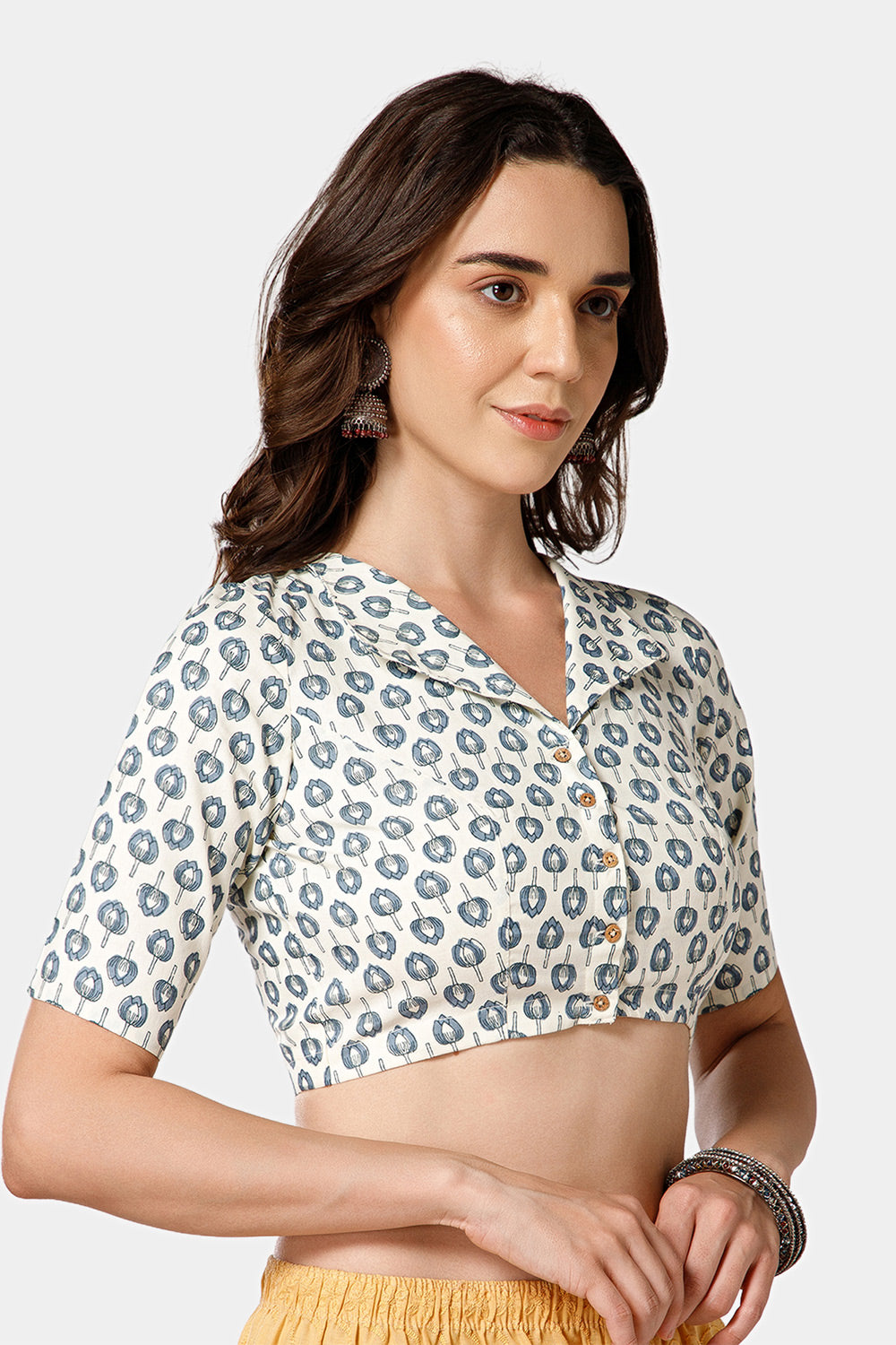 Naidu Hall Women’s Jaipur Printed Cotton Blouse | Lapel Collar, Front Button Closure, Elbow Sleeves - BU21