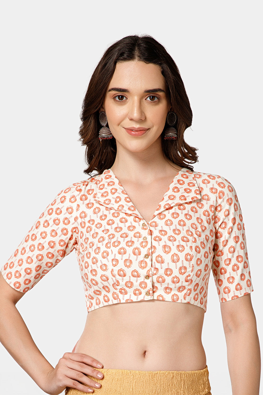 Naidu Hall Women’s Jaipur Printed Cotton Blouse | Lapel Collar, Front Button Closure, Elbow Sleeves - BU21