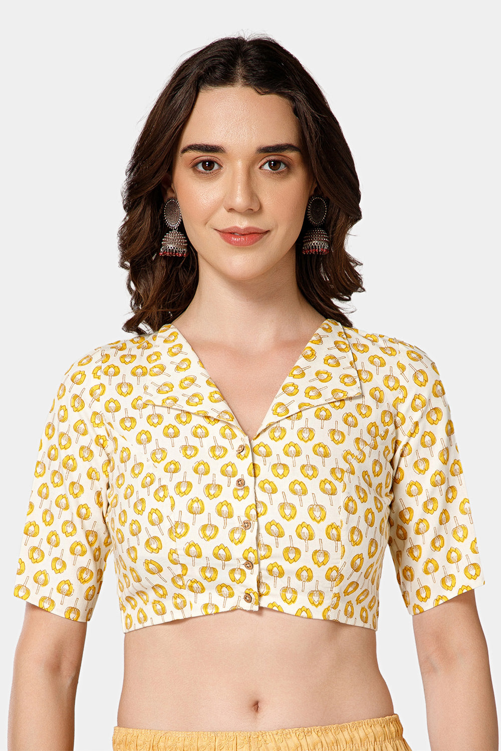 Naidu Hall Women’s Jaipur Printed Cotton Blouse | Lapel Collar, Front Button Closure, Elbow Sleeves - BU21