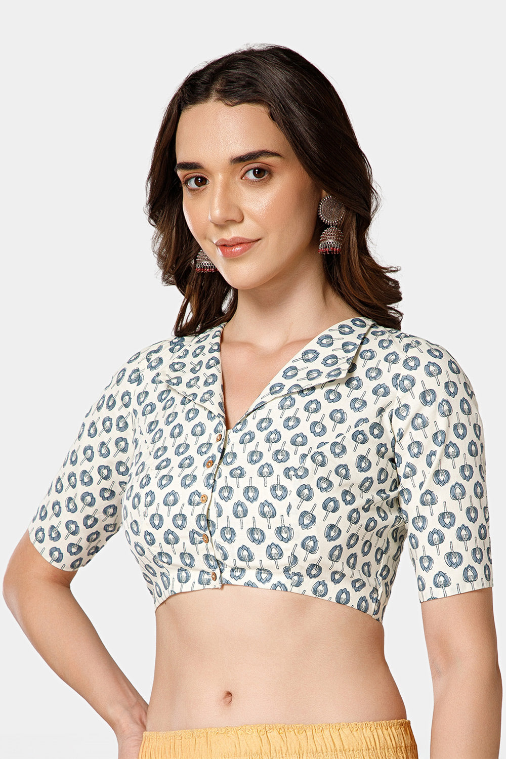 Naidu Hall Women’s Jaipur Printed Cotton Blouse | Lapel Collar, Front Button Closure, Elbow Sleeves - BU21
