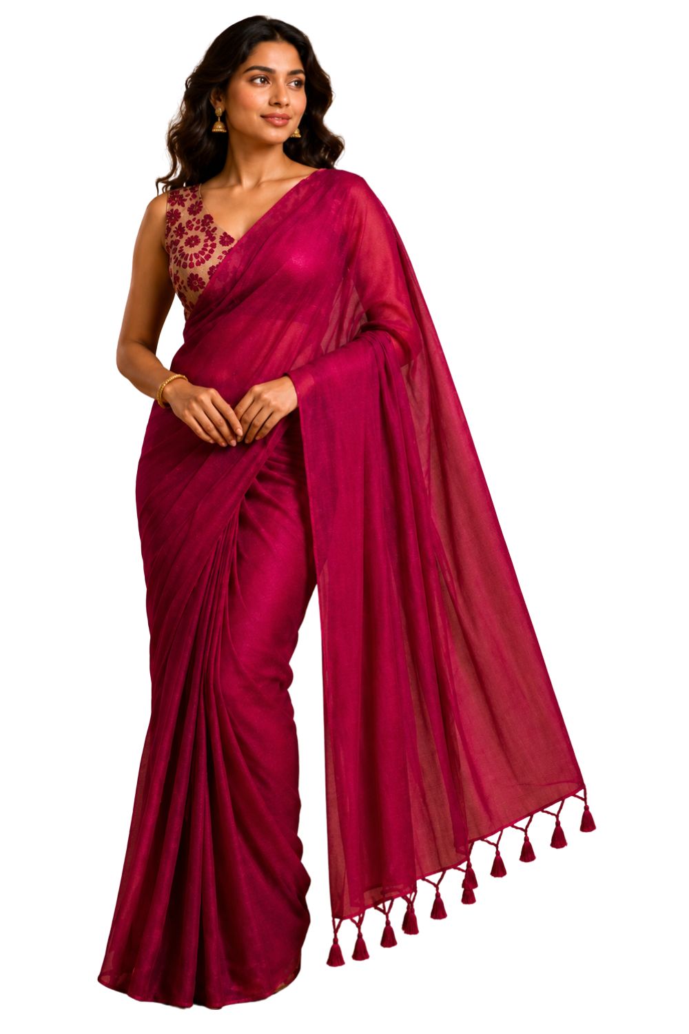 Naidu Hall Women's Magenta Khadi Cotton Blend Solid Saree with Blouse | Lightweight Ethnic Wear Saree - G359
