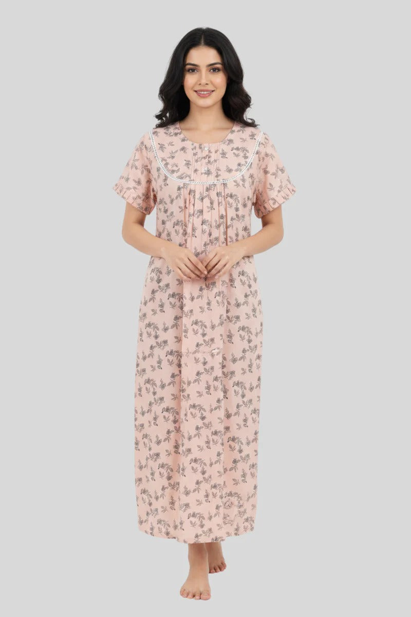 Naidu Hall Women’s Printed Cotton Full-Length Nighty with Lace-Detailed Yoke and Ruffle Sleeves
- NT73