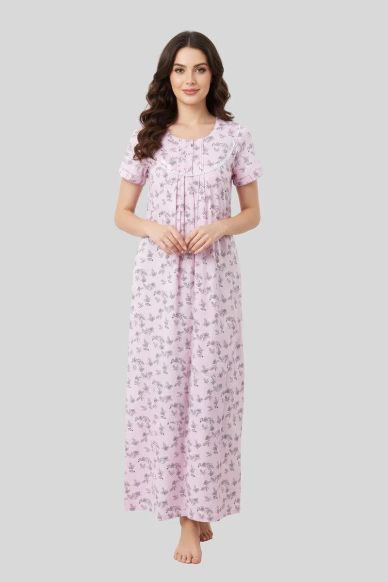Naidu Hall Women’s Printed Cotton Full-Length Nighty with Lace-Detailed Yoke and Ruffle Sleeves
- NT73