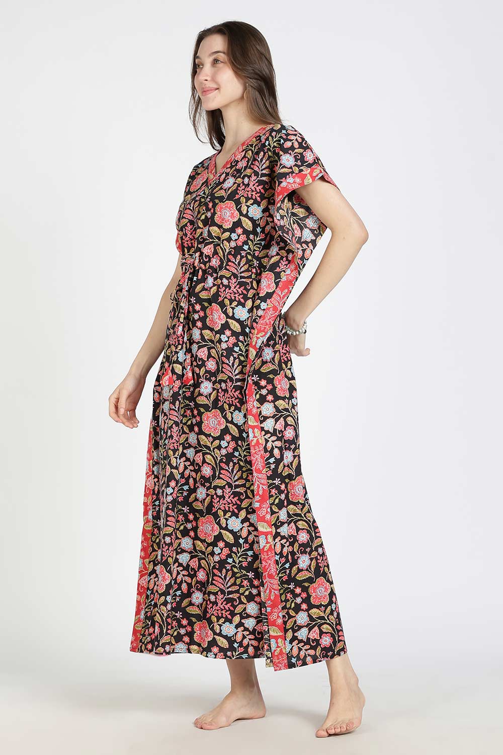 Naidu Hall Women’s Printed Cotton Kaftan Nighty | Full Length V-Neck Half Sleeve Floral Buti Print Kaftan for Daily Wear & Sleepwear
- NB34
