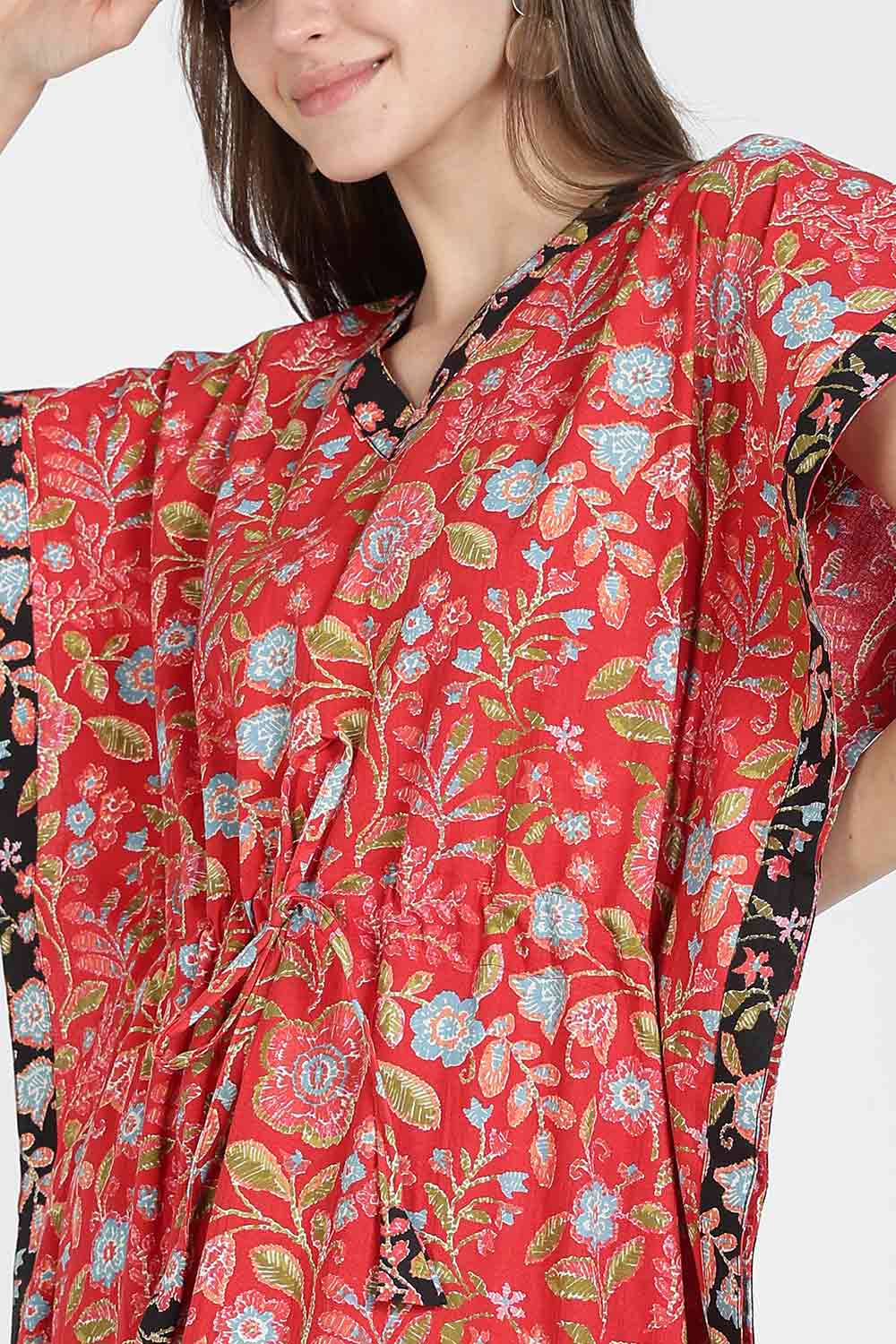 Naidu Hall Women’s Printed Cotton Kaftan Nighty | Full Length V-Neck Half Sleeve Floral Buti Print Kaftan for Daily Wear & Sleepwear
- NB34