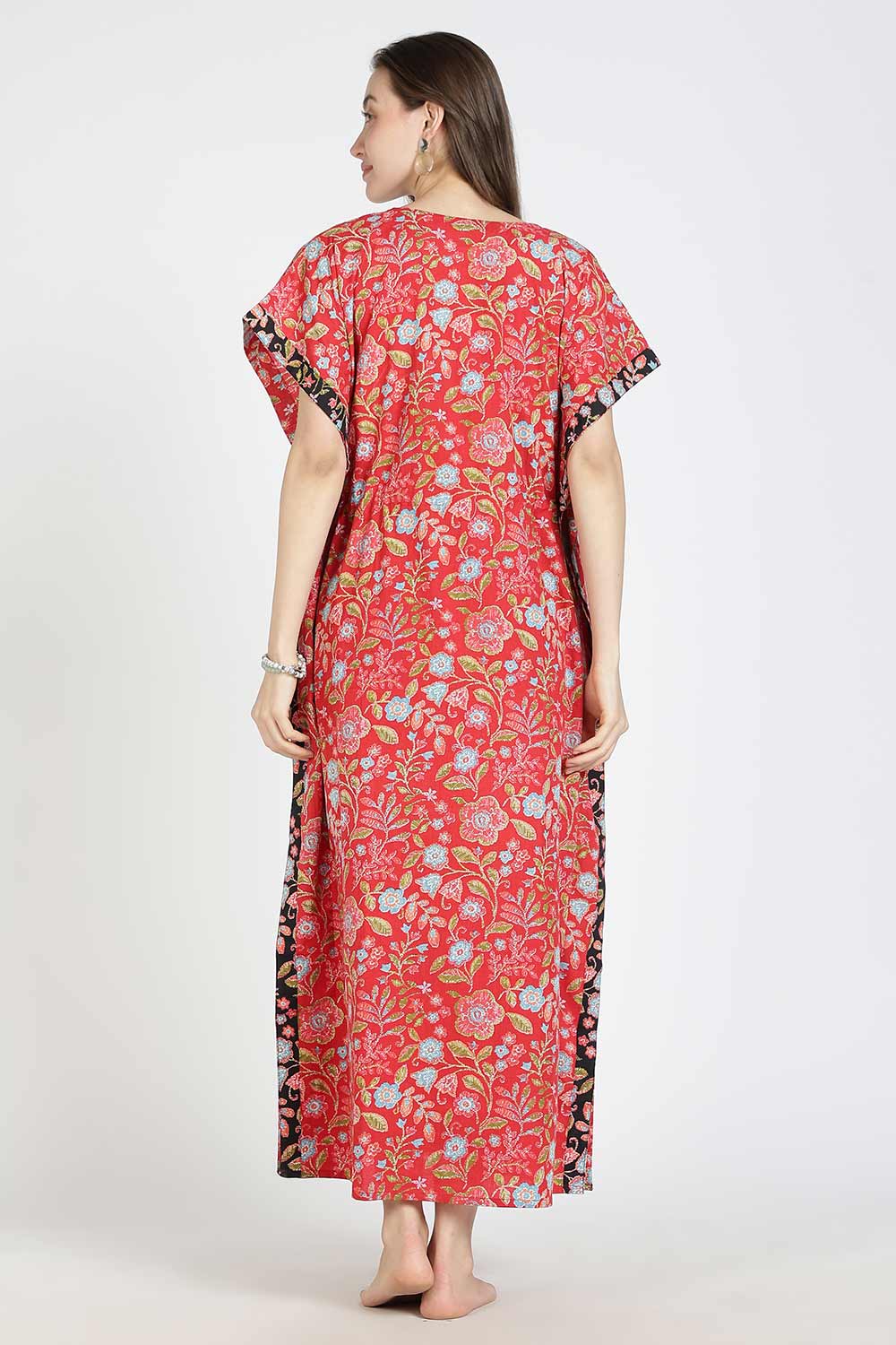 Naidu Hall Women’s Printed Cotton Kaftan Nighty | Full Length V-Neck Half Sleeve Floral Buti Print Kaftan for Daily Wear & Sleepwear
- NB34