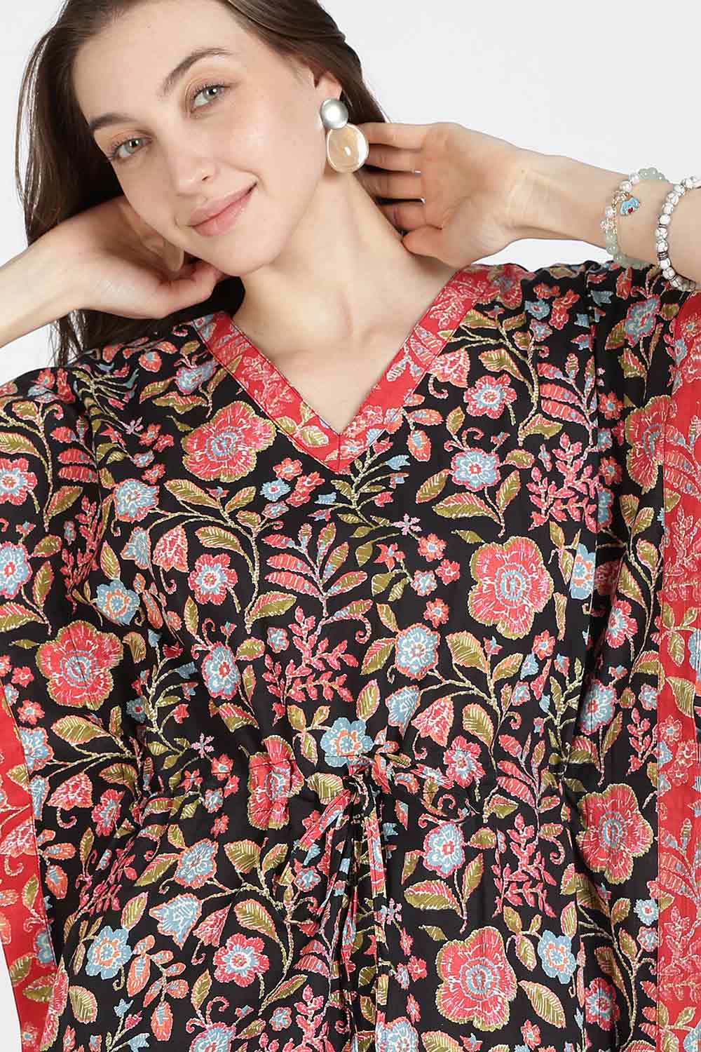 Naidu Hall Women’s Printed Cotton Kaftan Nighty | Full Length V-Neck Half Sleeve Floral Buti Print Kaftan for Daily Wear & Sleepwear
- NB34