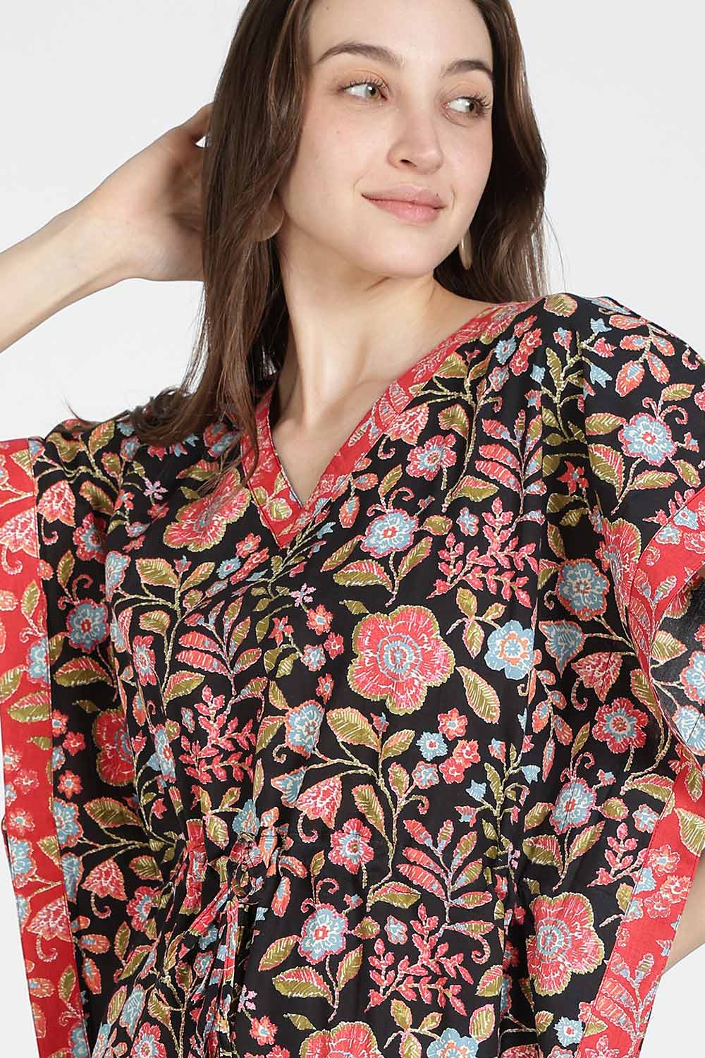Naidu Hall Women’s Printed Cotton Kaftan Nighty | Full Length V-Neck Half Sleeve Floral Buti Print Kaftan for Daily Wear & Sleepwear
- NB34