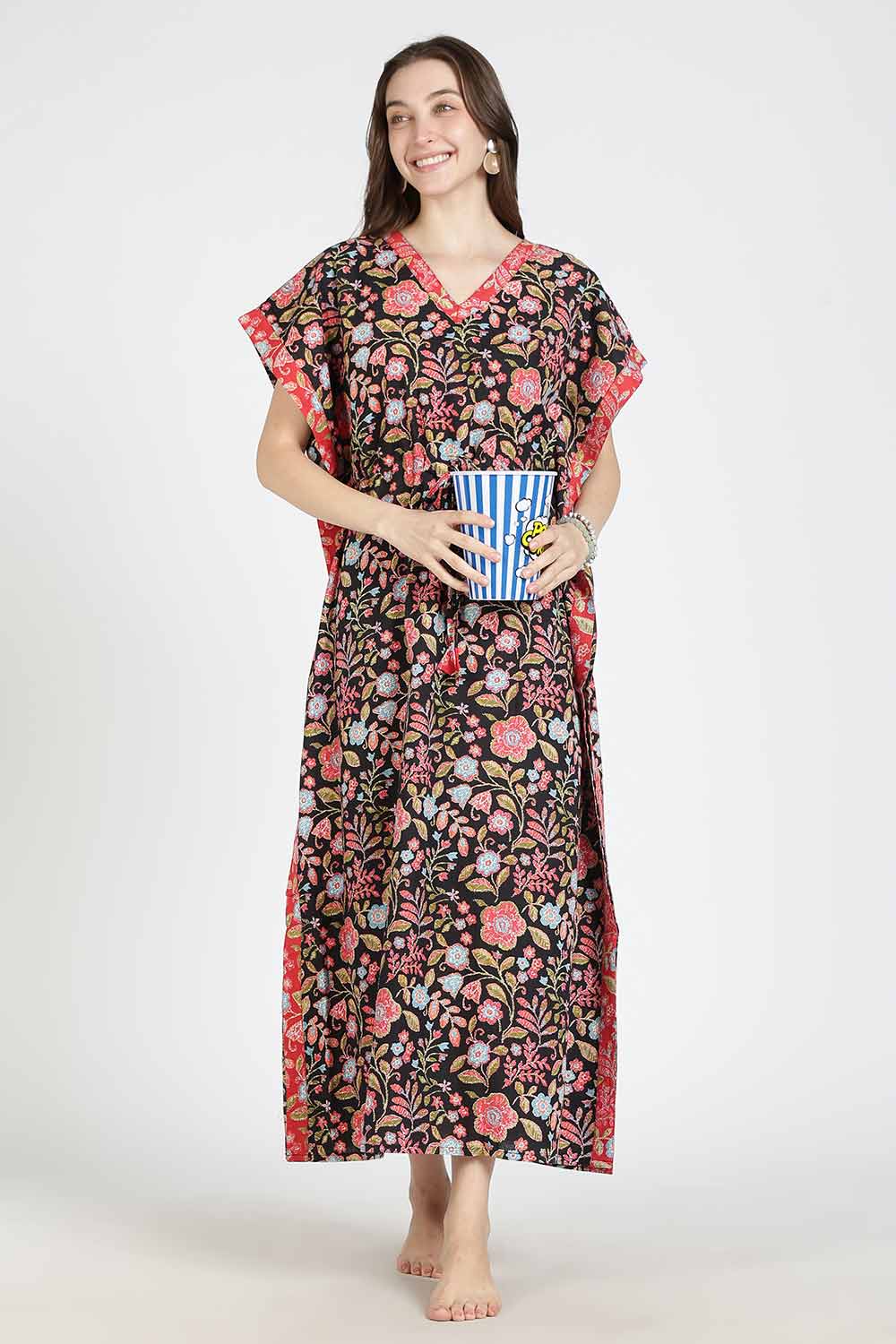 Naidu Hall Women’s Printed Cotton Kaftan Nighty | Full Length V-Neck Half Sleeve Floral Buti Print Kaftan for Daily Wear & Sleepwear
- NB34