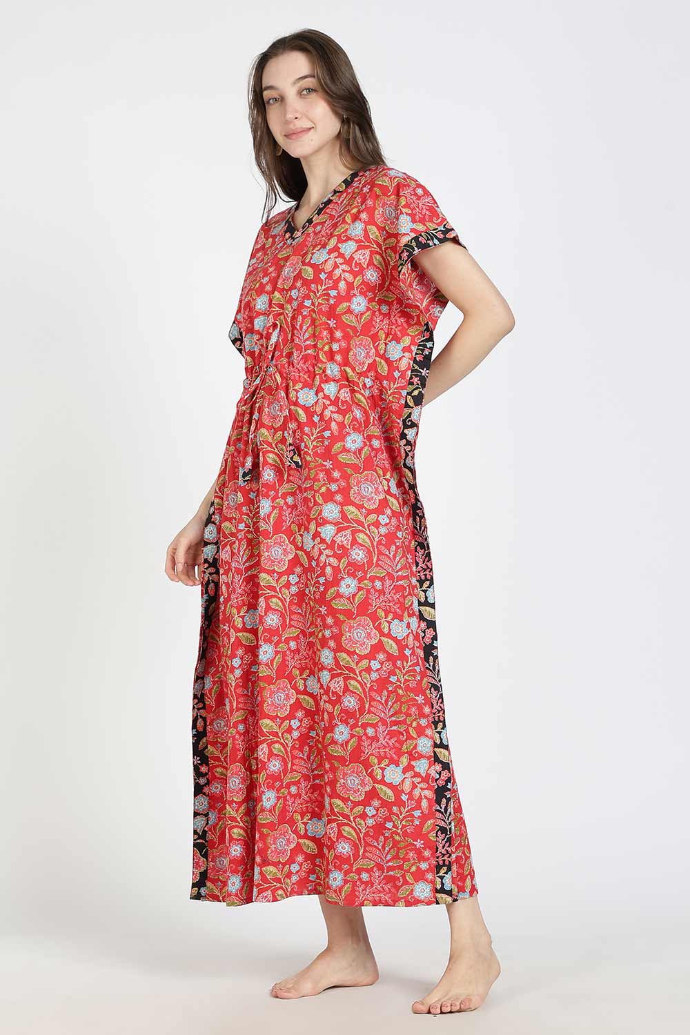 Naidu Hall Women’s Printed Cotton Kaftan Nighty | Full Length V-Neck Half Sleeve Floral Buti Print Kaftan for Daily Wear & Sleepwear
- NB34
