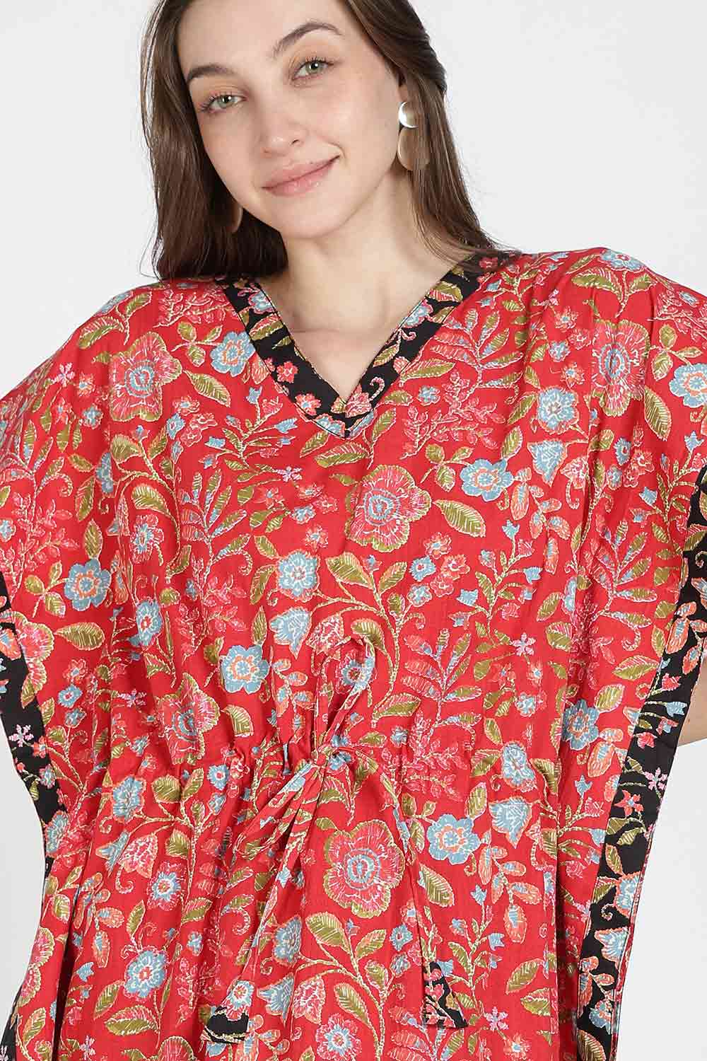 Naidu Hall Women’s Printed Cotton Kaftan Nighty | Full Length V-Neck Half Sleeve Floral Buti Print Kaftan for Daily Wear & Sleepwear
- NB34
