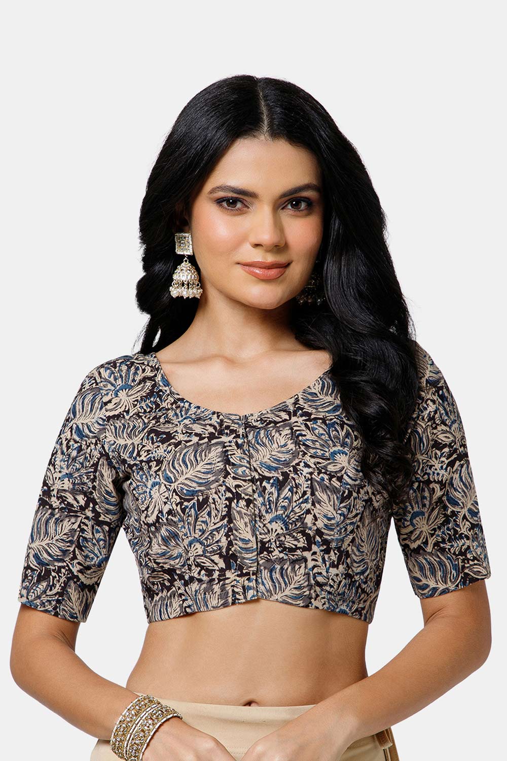 Naidu Hall Women’s Cotton Blouse – U-Neck Front Open Blouse with Princess Cut & Elbow Sleeves | Everyday Ethnic Wear - BU17-K6