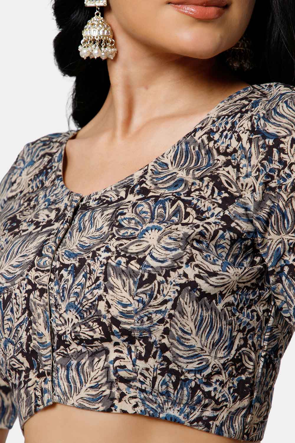 Naidu Hall Women’s Cotton Blouse – U-Neck Front Open Blouse with Princess Cut & Elbow Sleeves | Everyday Ethnic Wear - BU17-K6