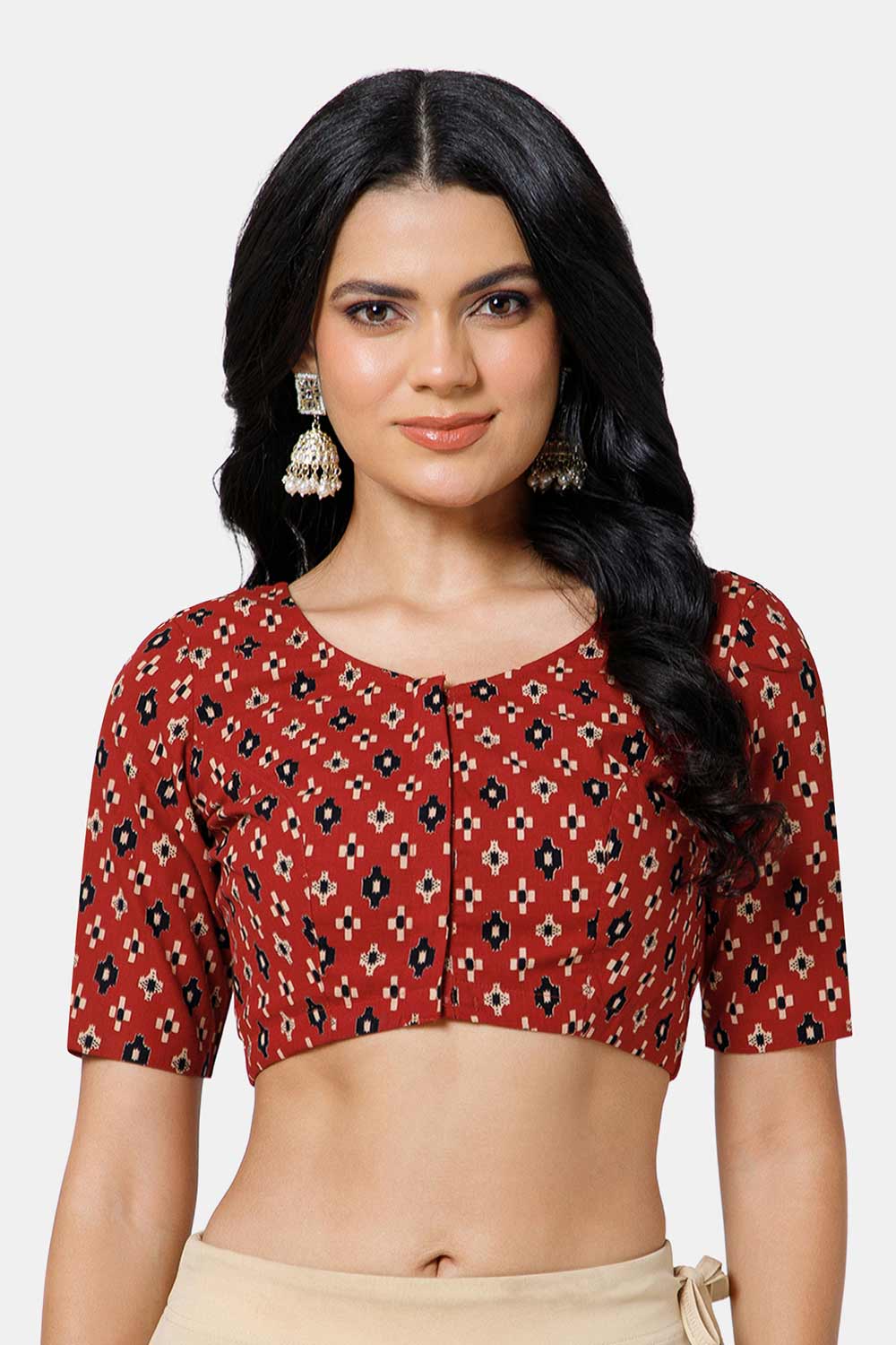 Naidu Hall Women’s Cotton Blouse – U Neck Front Open Saree Blouse with Princess Cut & Elbow Sleeves | Traditional & Casual Ethnic Wear Blouse for Women - Red - BU17-P6