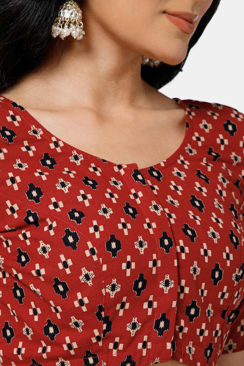 Naidu Hall Women’s Cotton Blouse – U Neck Front Open Saree Blouse with Princess Cut & Elbow Sleeves | Traditional & Casual Ethnic Wear Blouse for Women - Red - BU17-P6