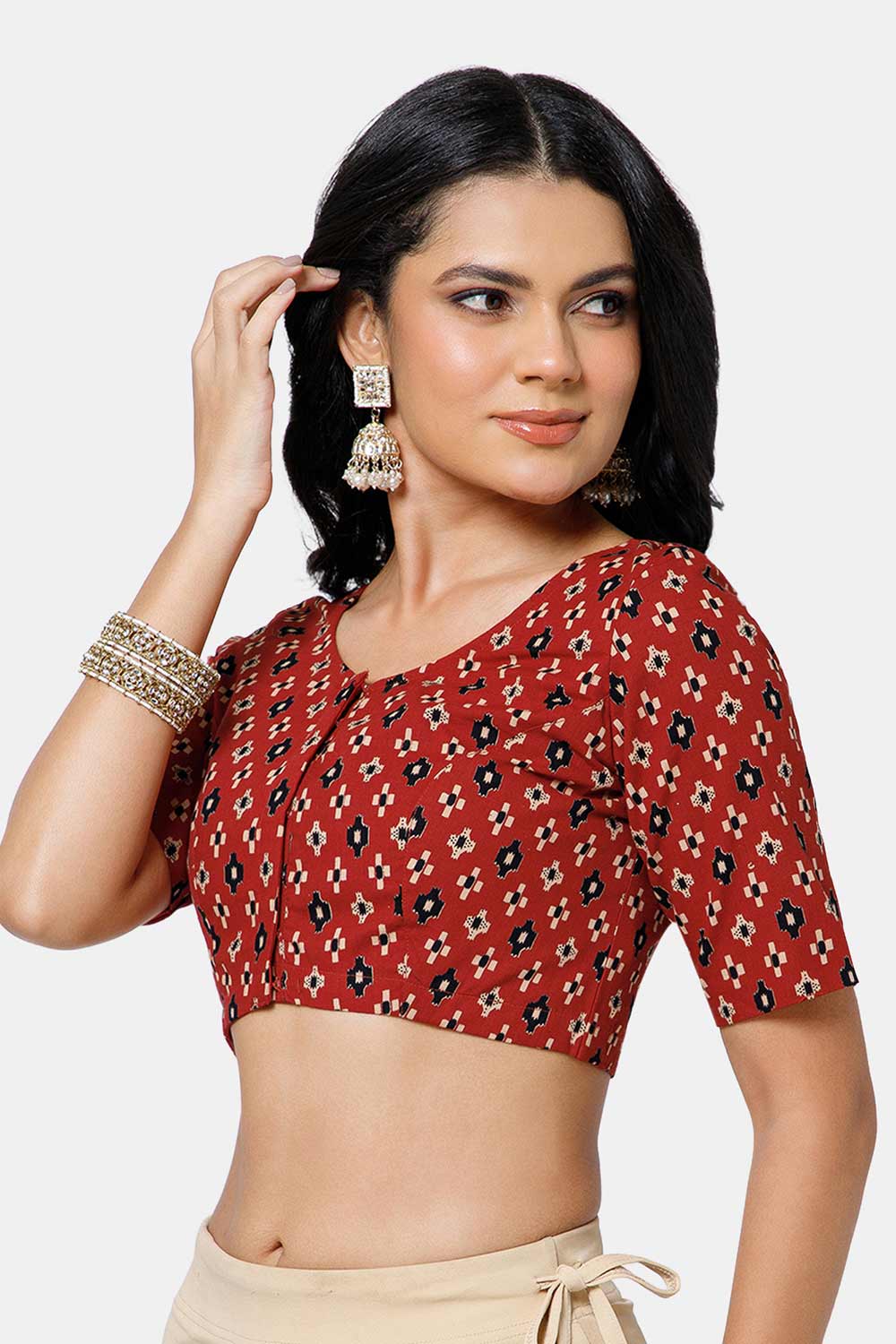 Naidu Hall Women’s Cotton Blouse – U Neck Front Open Saree Blouse with Princess Cut & Elbow Sleeves | Traditional & Casual Ethnic Wear Blouse for Women - Red - BU17-P6