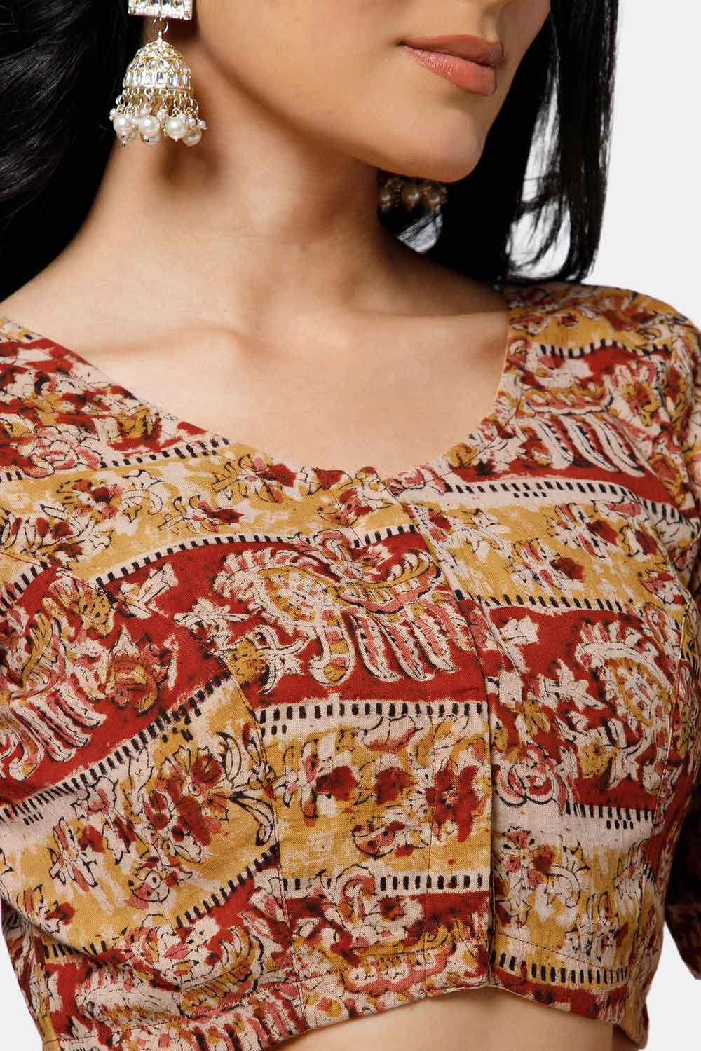 Naidu Hall Women’s Cotton Blouse – U-Neck Front Open Blouse with Princess Cut & Elbow Sleeves | Everyday Ethnic Wear - BU17-K5