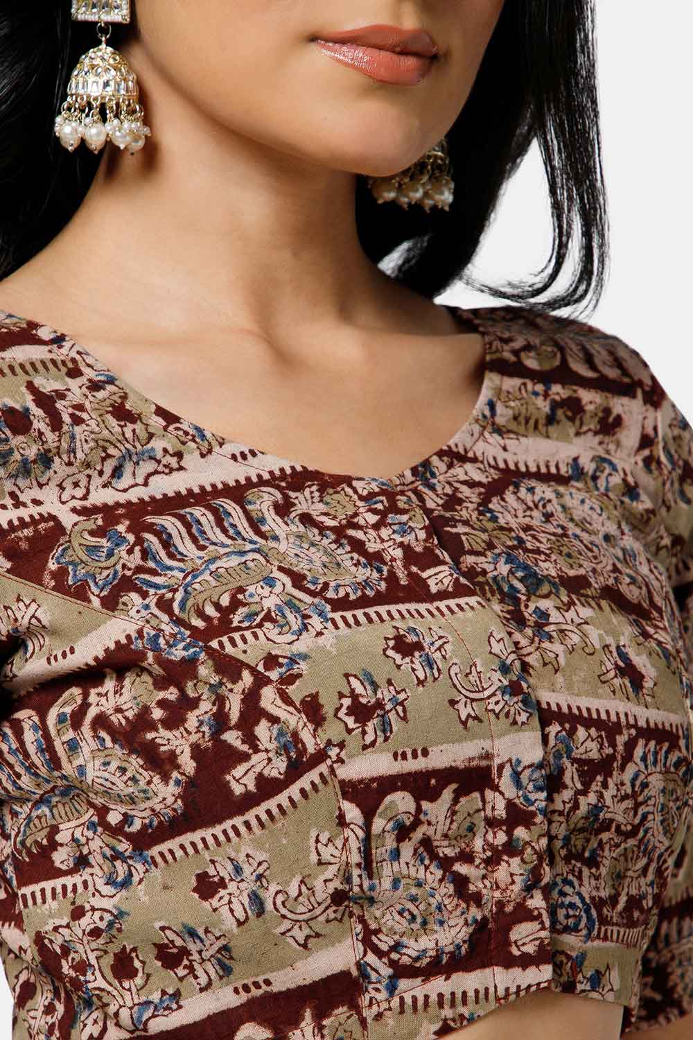 Naidu Hall Women’s Cotton Blouse – U-Neck Front Open Blouse with Princess Cut & Elbow Sleeves | Everyday Ethnic Wear - BU17-K5