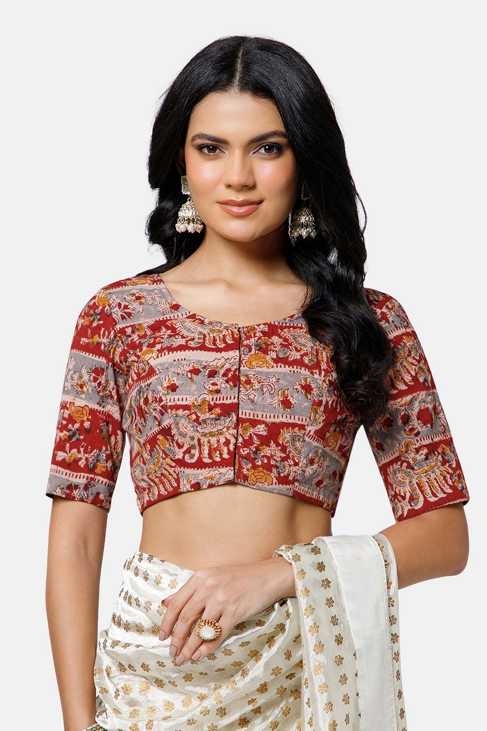 Naidu Hall Women’s Cotton Blouse – U-Neck Front Open Blouse with Princess Cut & Elbow Sleeves | Everyday Ethnic Wear - BU17-K5