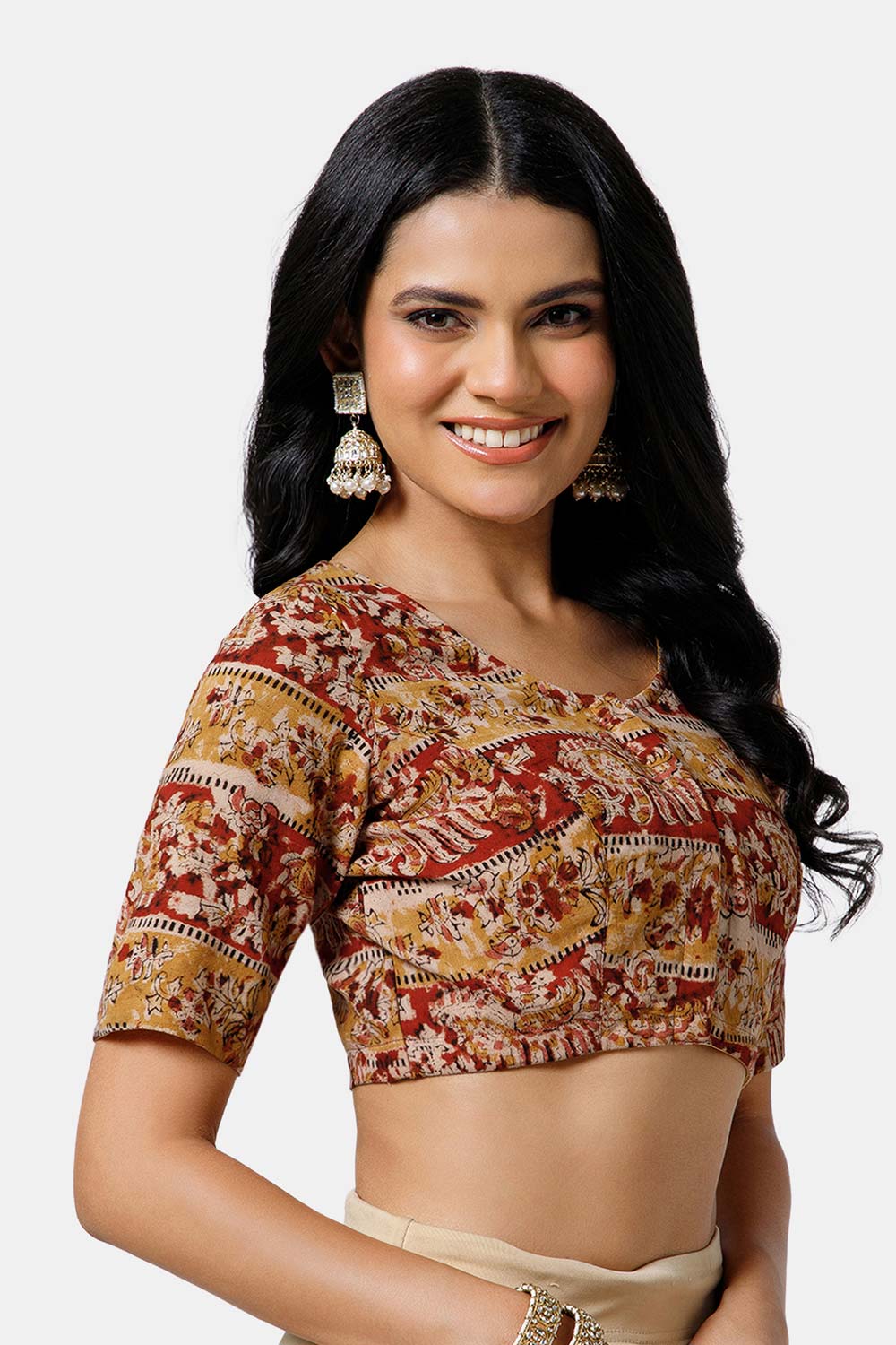 Naidu Hall Women’s Cotton Blouse – U-Neck Front Open Blouse with Princess Cut & Elbow Sleeves | Everyday Ethnic Wear - BU17-K5