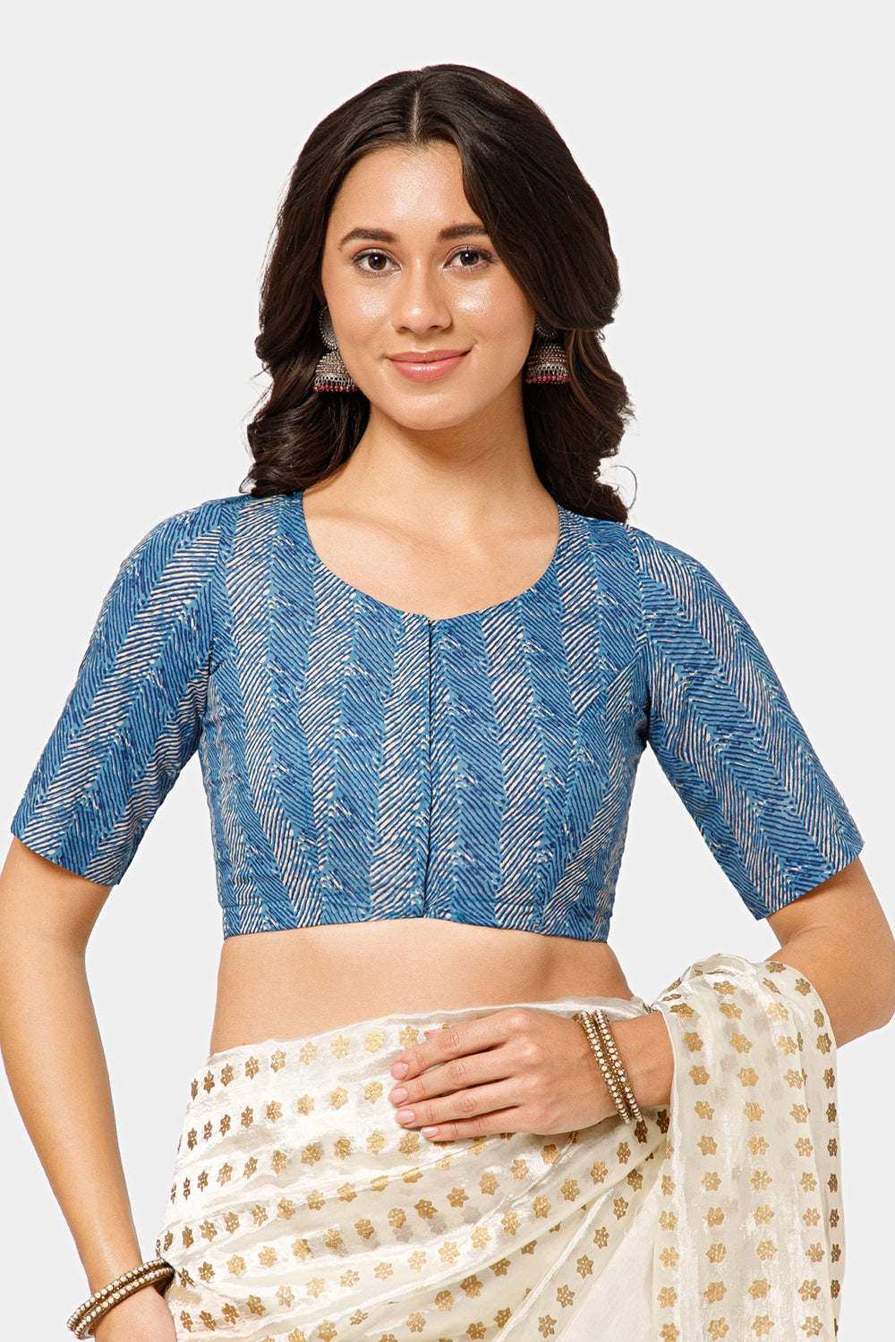 Naidu Hall Women’s Jaipur Cotton Printed Front-Open Blouse | Curved V-Neck, Elbow Sleeves, Regular Fit - BU23