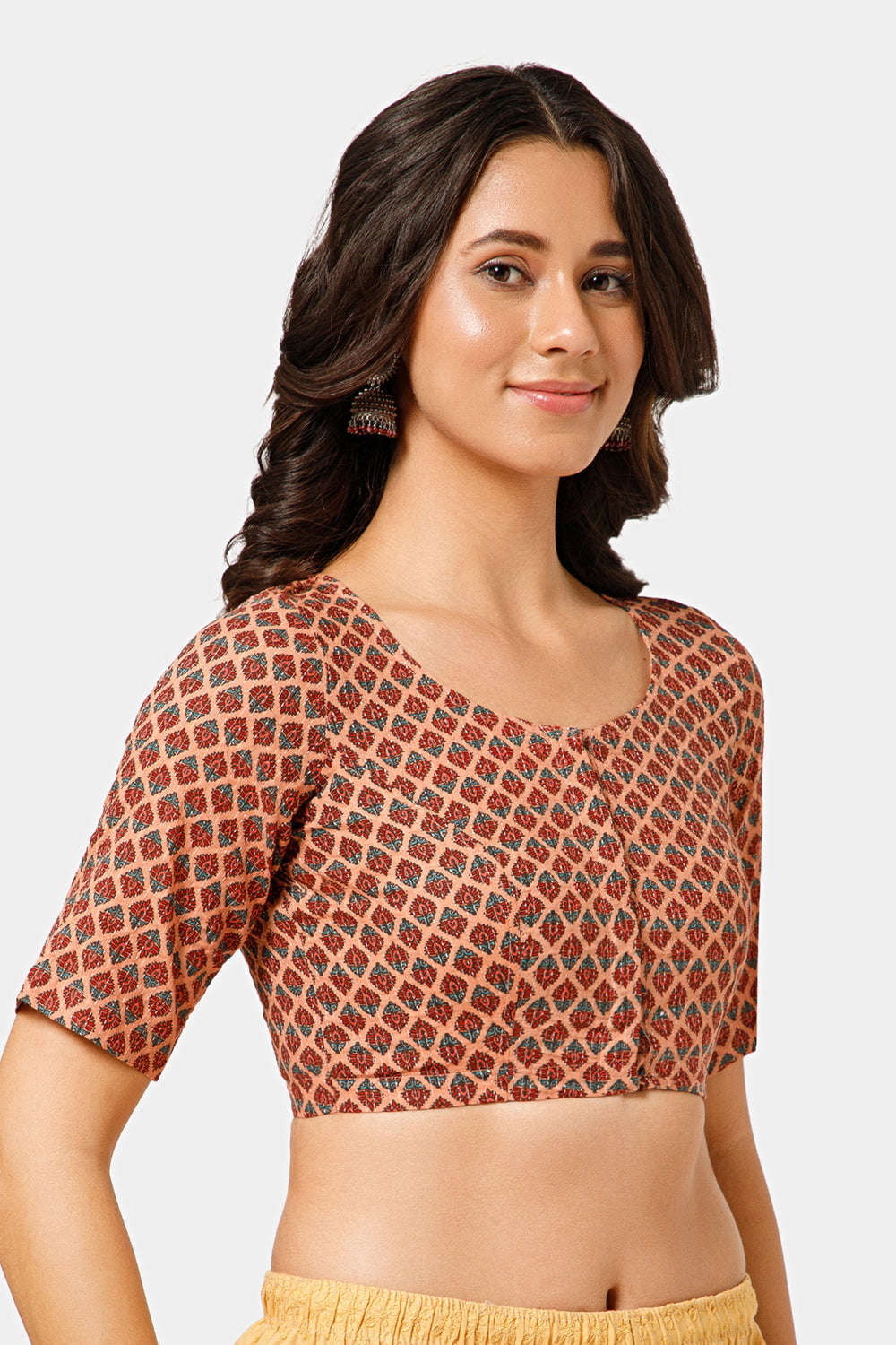 Naidu Hall Women’s Jaipur Cotton Printed Front-Open Blouse | Curved V-Neck, Elbow Sleeves, Regular Fit - BU23