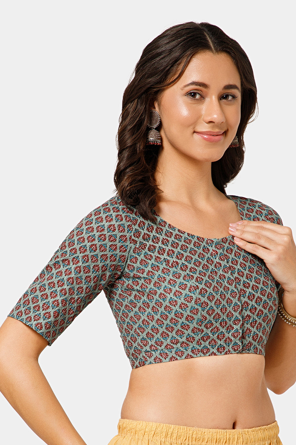 Naidu Hall Women’s Jaipur Cotton Printed Front-Open Blouse | Curved V-Neck, Elbow Sleeves, Regular Fit - BU23