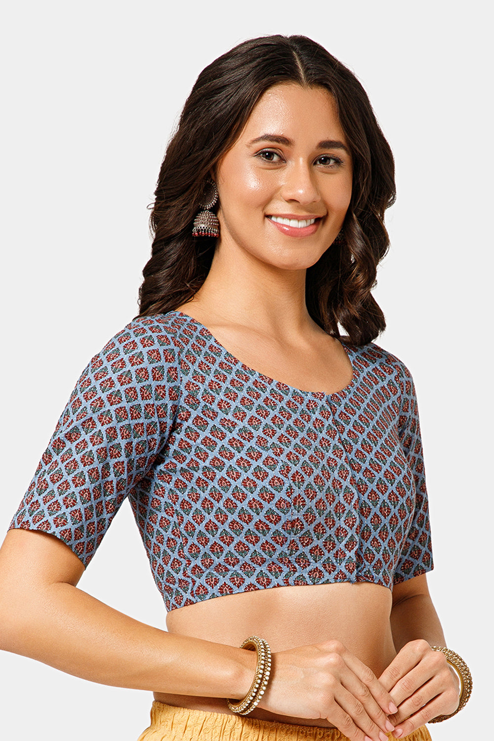 Naidu Hall Women’s Jaipur Cotton Printed Front-Open Blouse | Curved V-Neck, Elbow Sleeves, Regular Fit - BU23